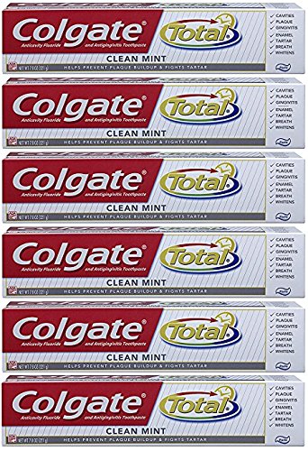 Colgate Total Fluoride Toothpaste, Clean Mint, Travel Size, TSA Approved 1.9oz (Packs of 6)