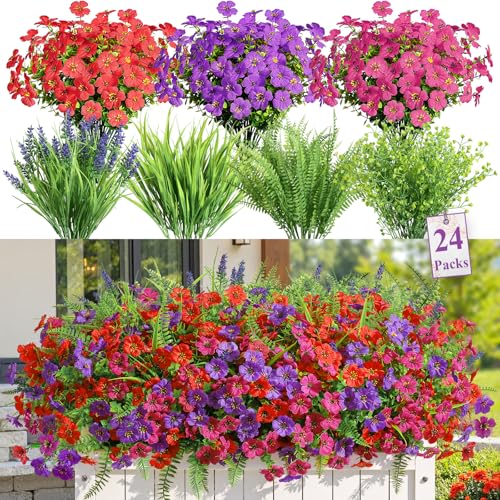 Alupssuc 24 Bundles Artificial Flowers for Outdoors Spring Summer Decoration, UV Resistant Faux Eucalyptus Violet and Lavender Silk Fake Plants for Outside Indoor Yard Home Patio D image 6