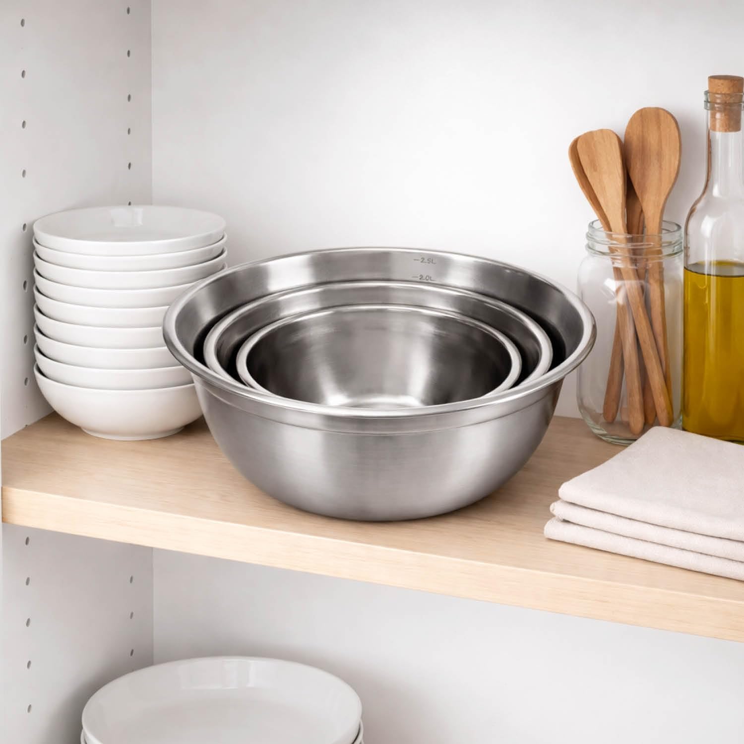 com-four® Set of 3 Stainless Steel Bowls - 500 ml, 1000 ml, 2500 ml - Bowls for Baking, Kitchen and Serving (3 Pieces - Diameter 14.5/17.5/21 cm - Silver) image 4