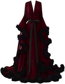 Womens Sexy Feather Bridal Robes Silk Satin Long Nightgown Bathrobe Sleepwear Maternity Robe for Photoshoot