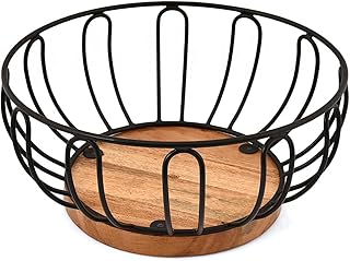 NIRMAN Fruit Bowl Iron Wire Basket with Acacia Wood Base for Kitchen Countertop & Dining Room and Pantries (9" x 9" x 4")