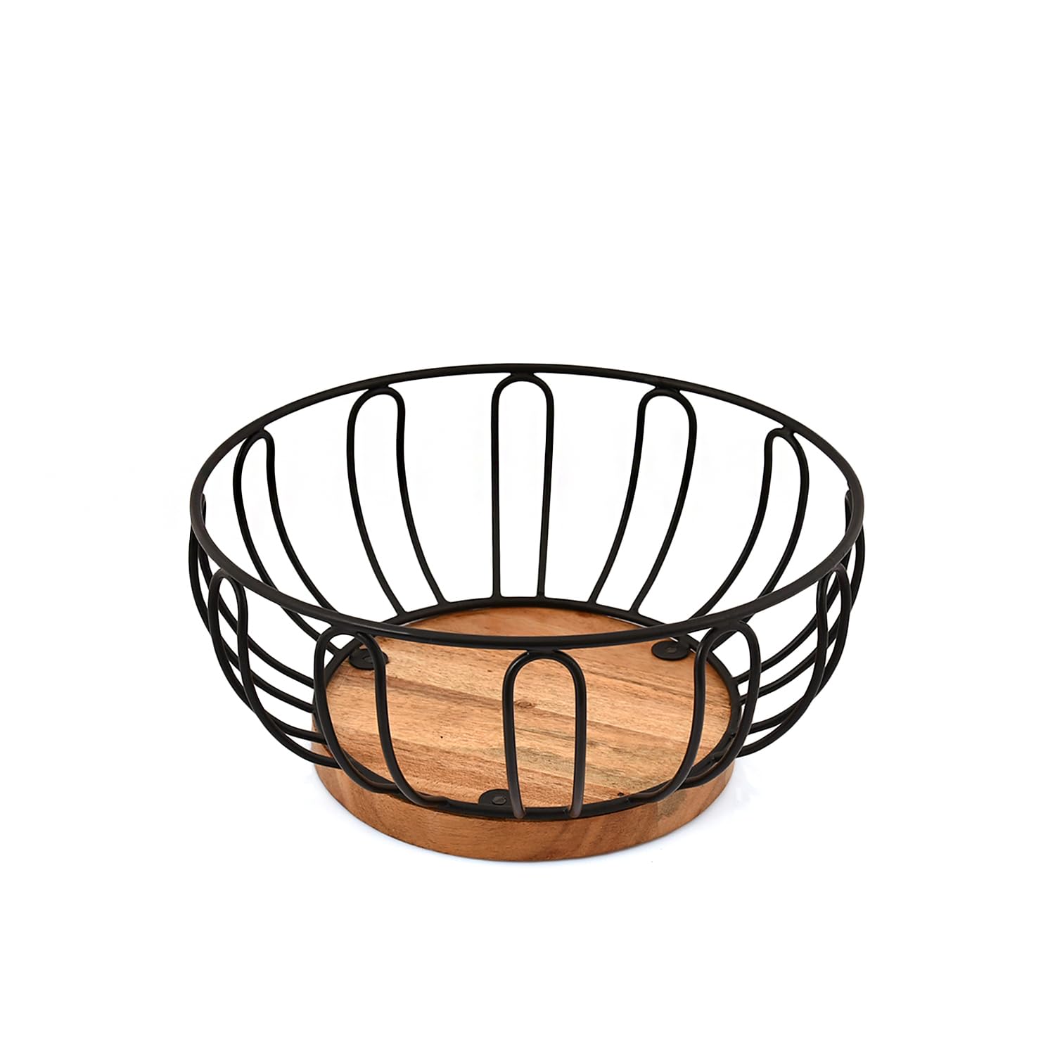 Indus Lifespace Fruit Bowl Iron Wire Basket with Acacia Wood Base for Kitchen Countertop & Dining Room and Pantries (9" x 9" x 4")