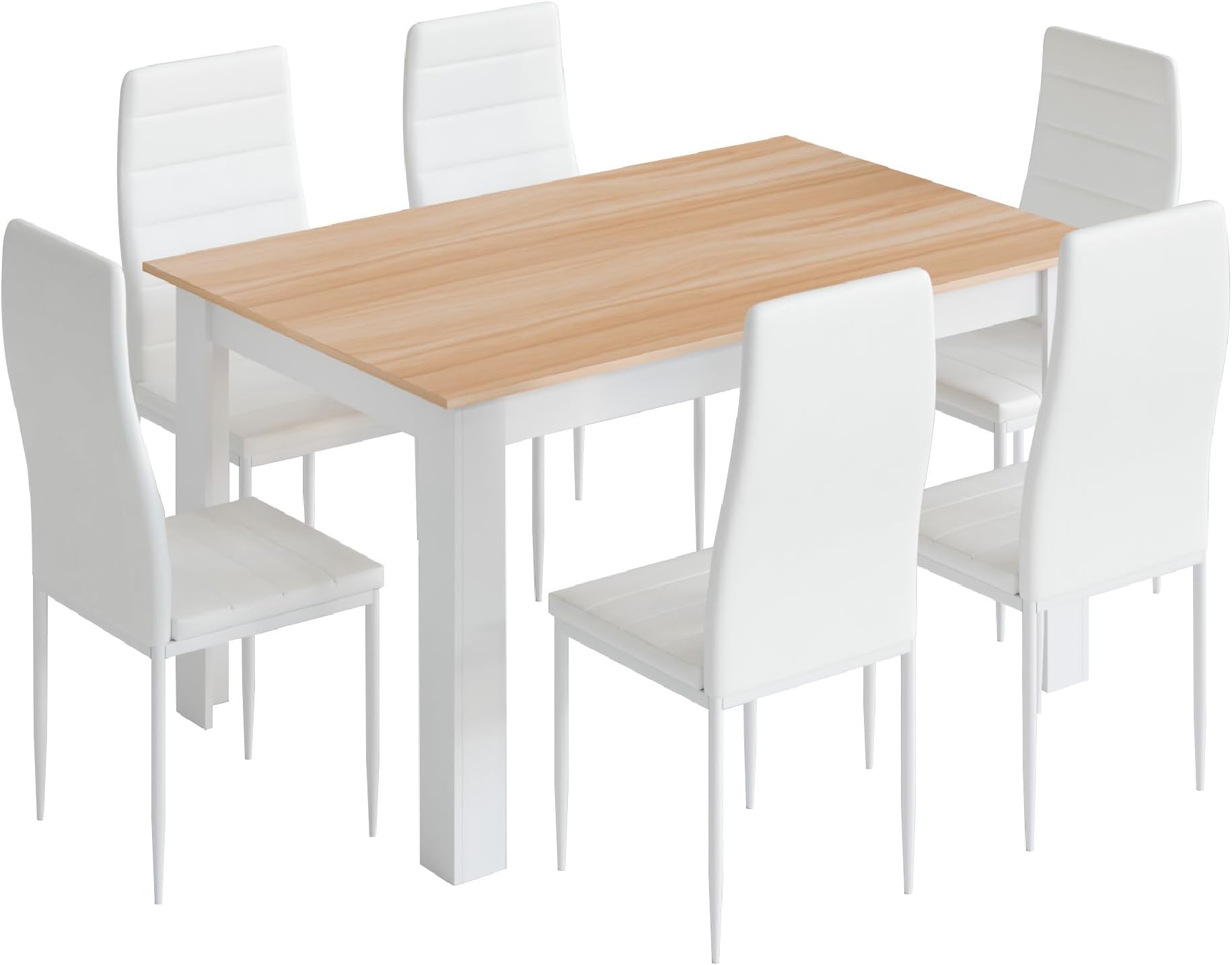 Mondeer Dining Table and Chairs Set 6, Dining Room Sets High Back Faux Leather Chair, for Kitchen Home Office, 138 x 90 x 75 cm, Oak Table White Chairs