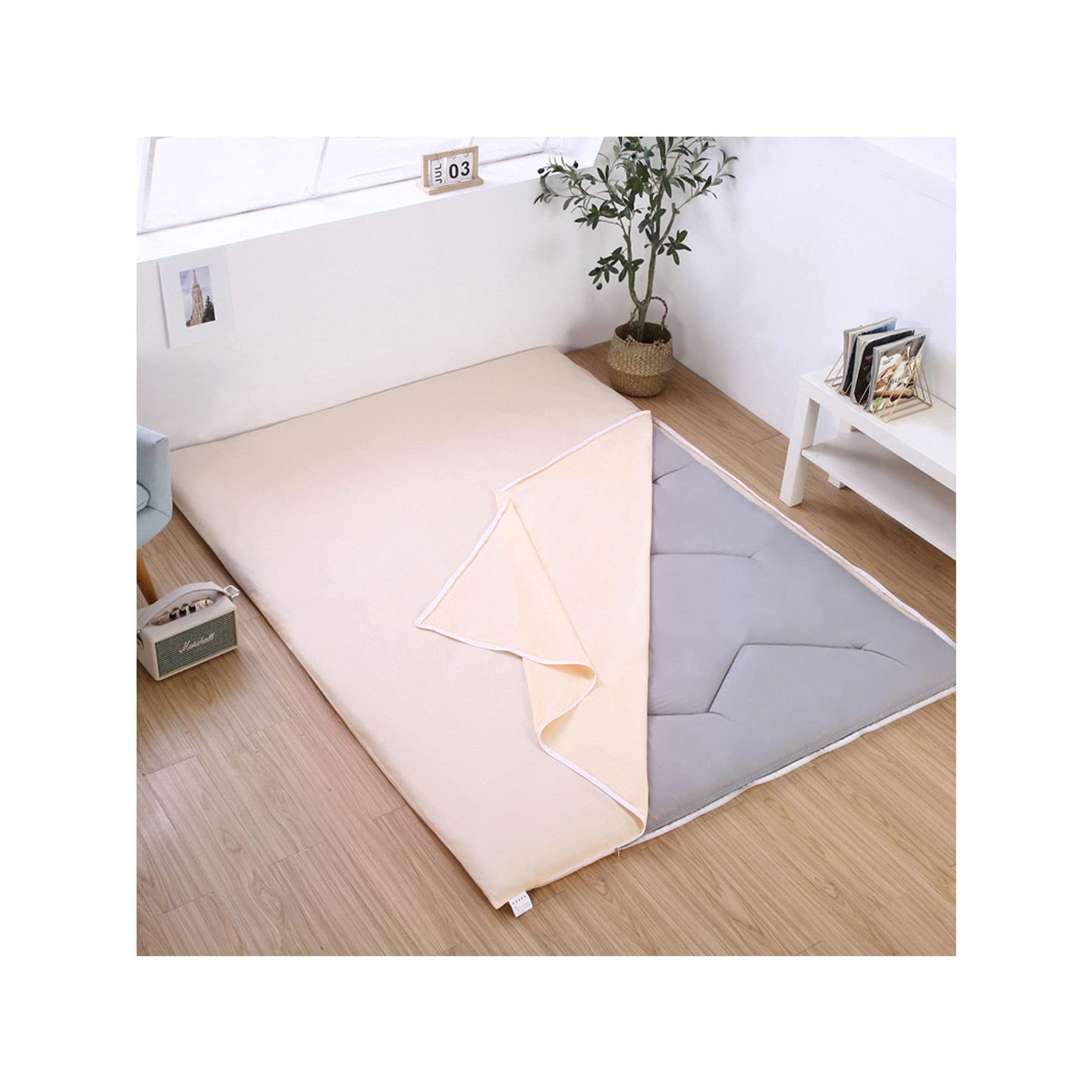 Protège-matelas futon en coton beige, lit double, 100 x 200 cm, avec fermeture éclair, lavable, résistant à la poussière, pour literie japonaise