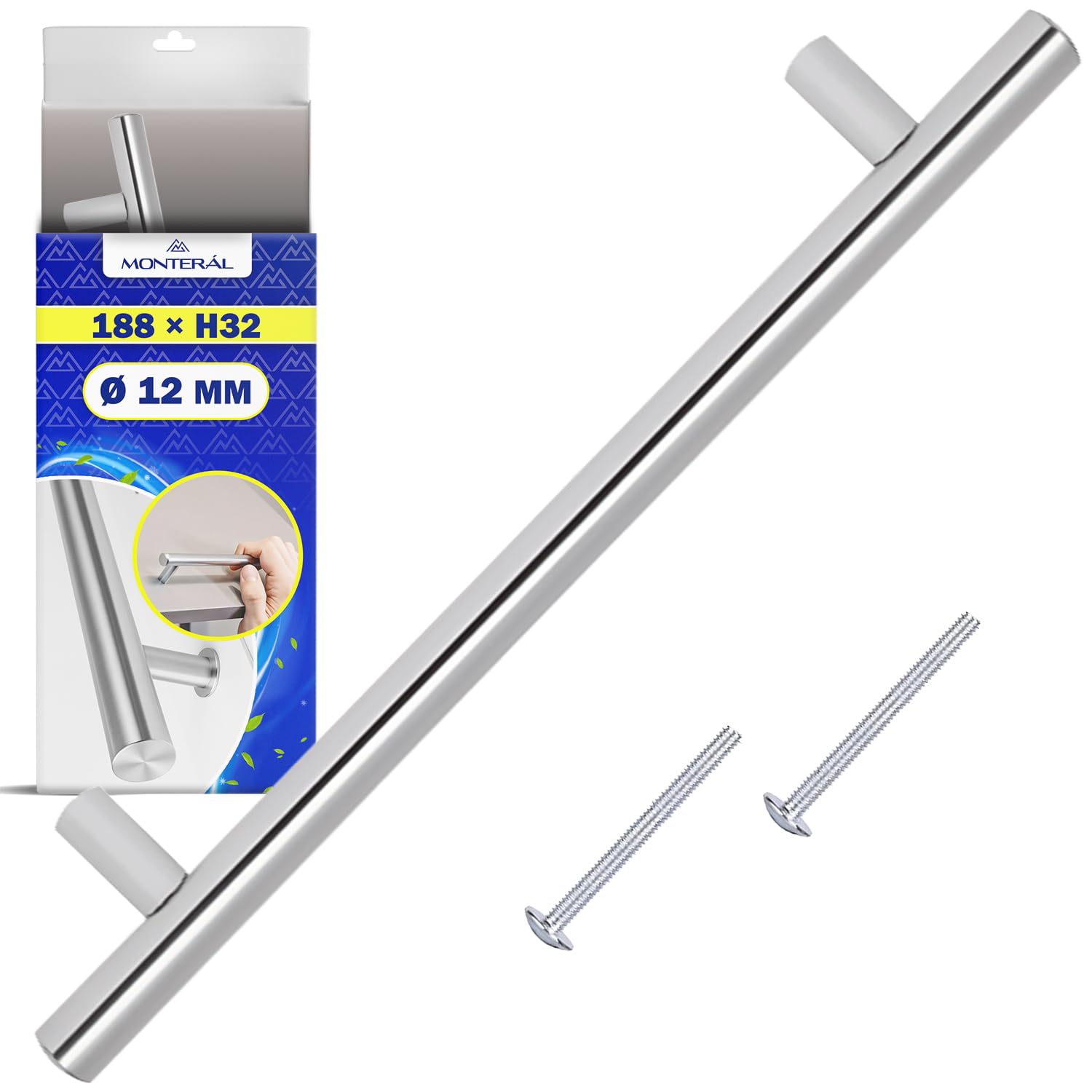 MONTERAL Kitchen Cupboard Handle 188 x H32 mm diameter 12 mm Distance Between Mounting Holes 128 mm