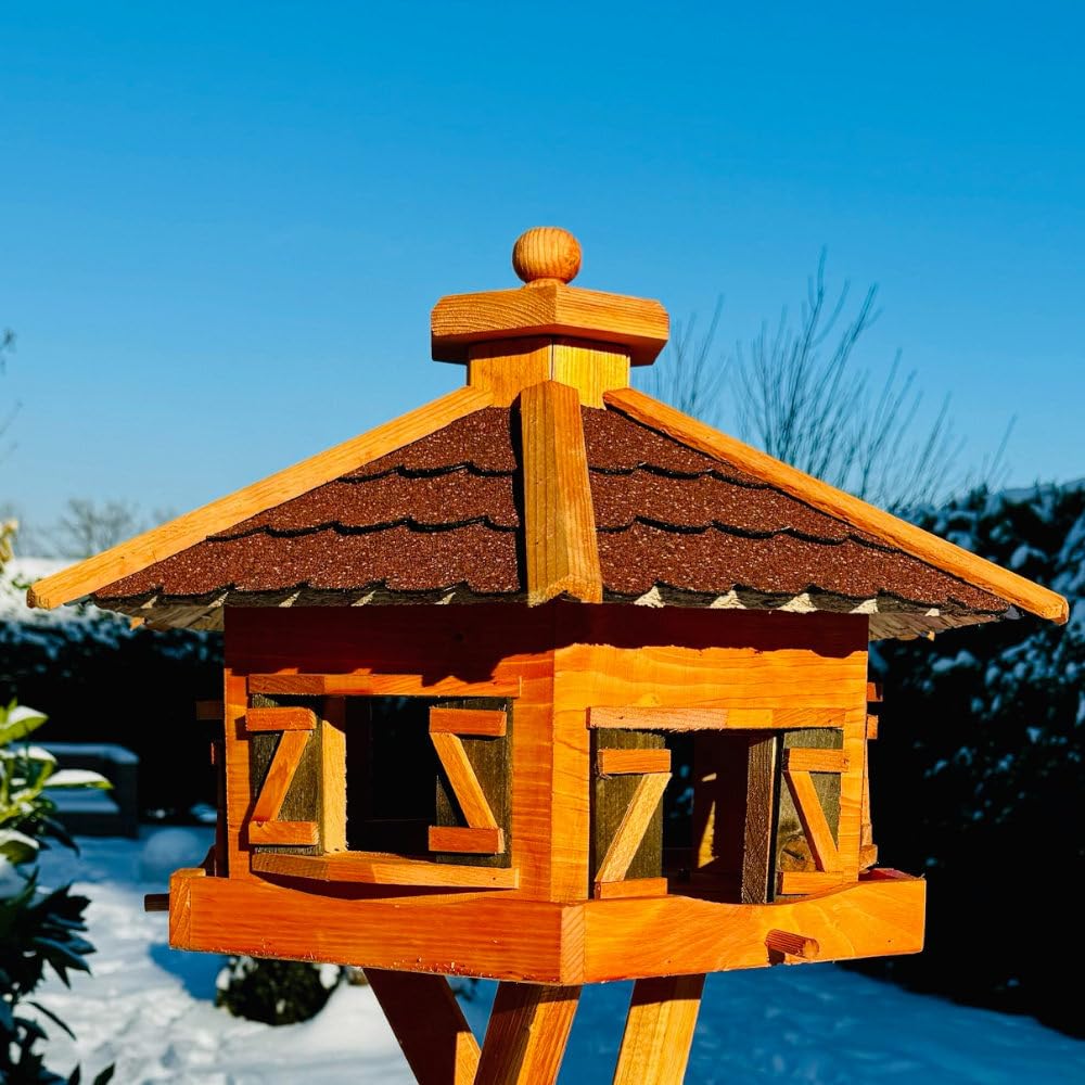 Casetta per uccelli esagonale realizzata a mano, in legno, resistente alle intemperie, XL, con e senza supporto, mangiatoia, mangiatoia, tetto in bitum (rosso, marrone, XL senza supporto)