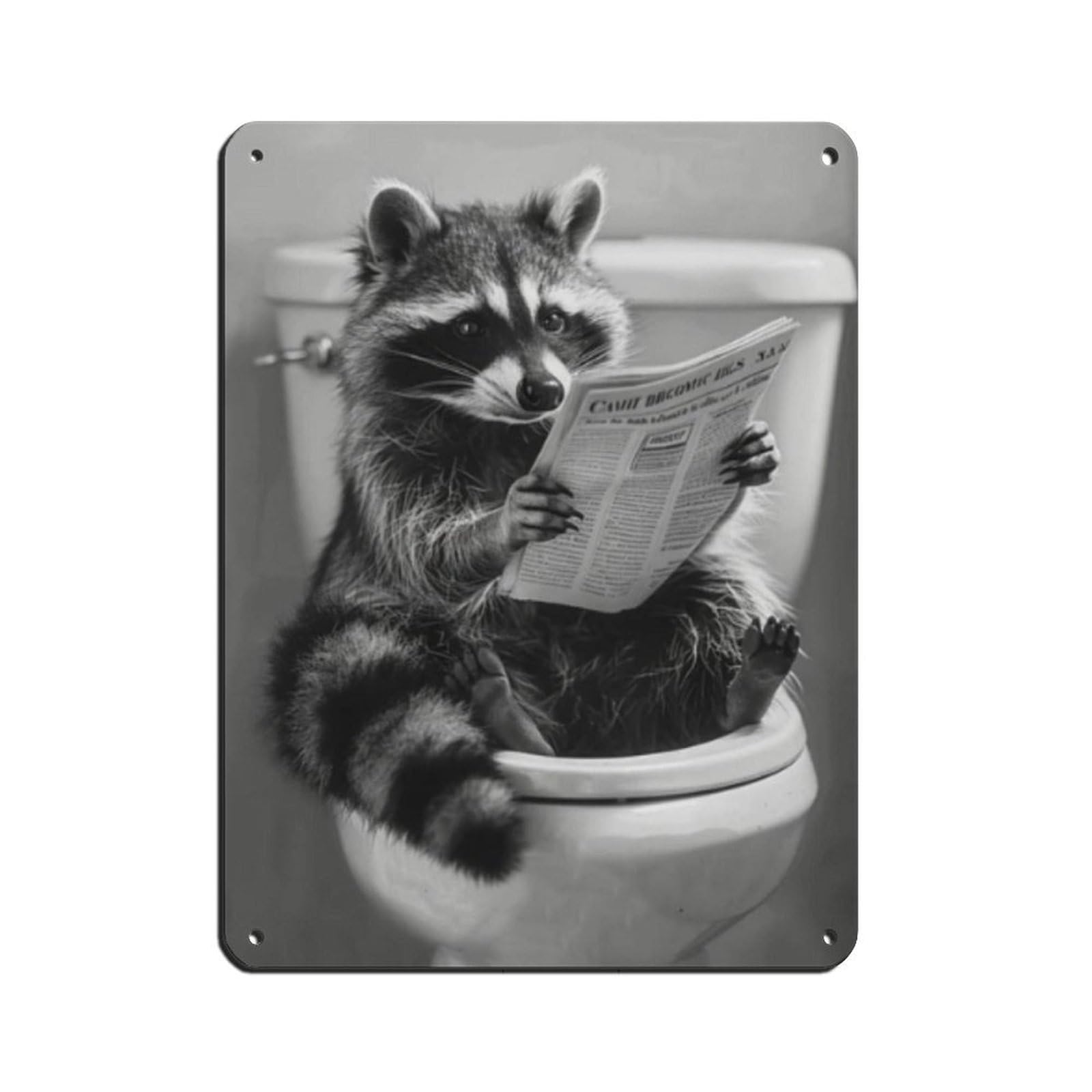 Raccoon Sitting on The Toilet Reading A Newspaper Tin Sign Vintage Metal Pub Club Cafe Bar Home Wall Art Decoration Poster Retro 12x16inch(30x40cm)