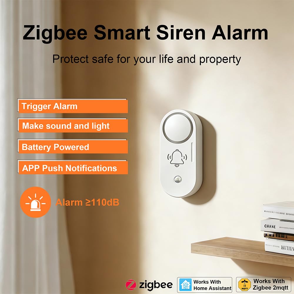 Haozee Zigbee Funk-Sirenenalarm, 110 dB lauter Sicherheitsalarm | batteriebetrieben,smarte App-Steuerung & Szenenverknüpfung, einfache Installation, kompatibel mit Home Assistant