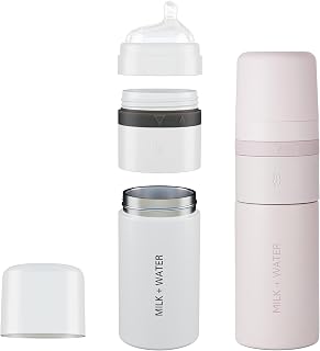 MILK + WATER 2X All-in-One Baby Bottles with Formula Dispensers On The Go, 9oz – Keeps Water Warm & Formula Fresh – Baby Formula Mixing Bottles with Anti-Colic Nipples, Stage 3, 6M+ (White & Pink)