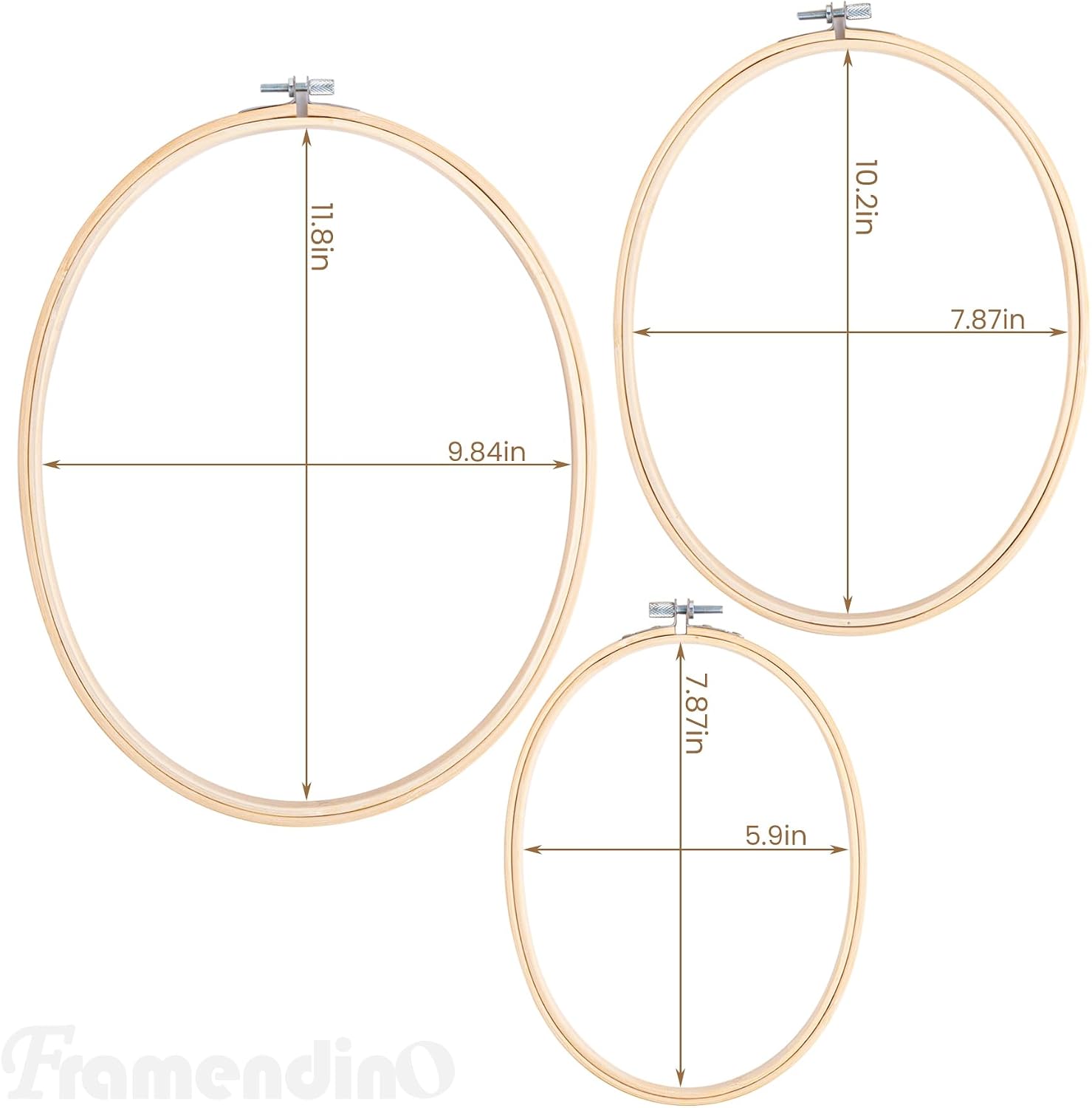 Framendino, 3 Pack 3 Sizes Oval Embroidery Hoops Bamboo Circle Cross Stitch Hoop Ring Frames for Sewing DIY Craft