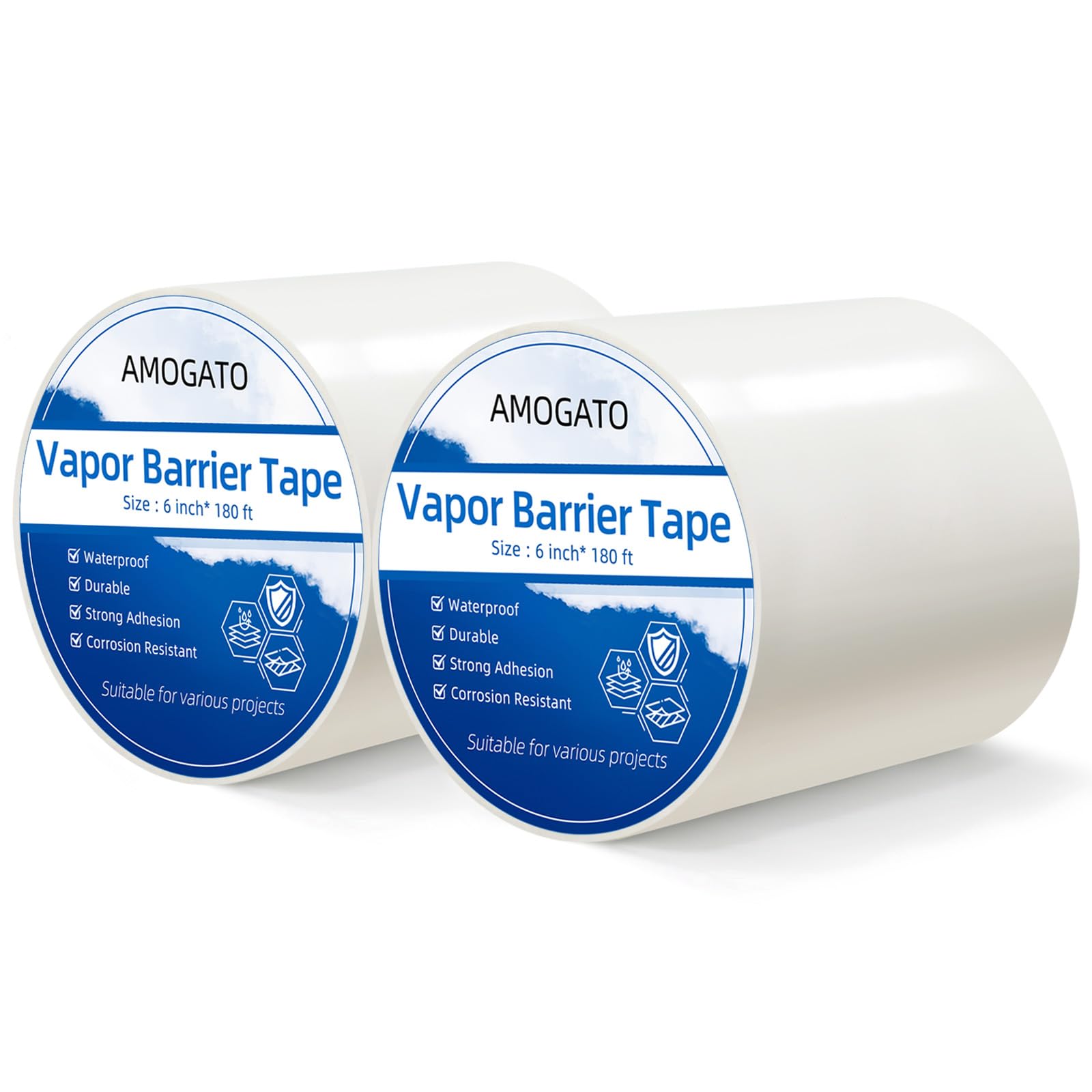 Cinta de barrera de vapor – 8 mil 6 pulgadas x 180 pies x 2 rollo, cinta de sellado resistente, cinta de costura súper pegajosa e impermeable para espacio de arrastre, sótano, suelo, tuberías