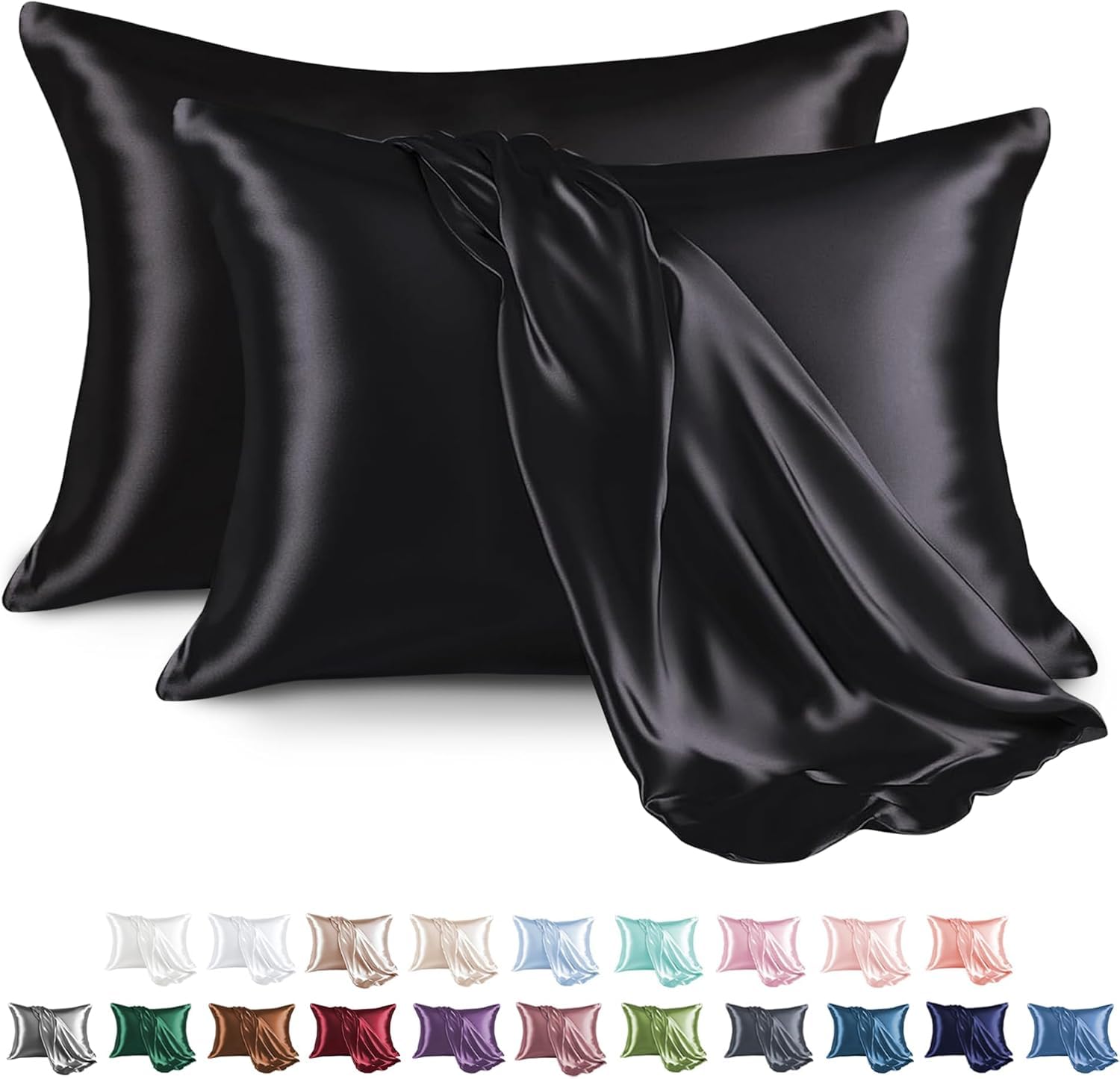 Moonlight Bedding Black Cooling Satin Pillow Cases 2 Pack - Soft Feels Like Silk Pillowcase For Hair and Skin Care Luxury Pillow Covers with Envelope Closure