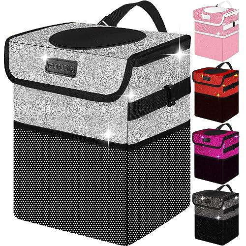 Image of Cute Mini Car Trash Bag with Lid, Glitter Garbage Can Bin Hanging for Back /Front Seat /Console, Waterproof, Leakproof, 2.5 Gallon, Silver Bling Sparkly