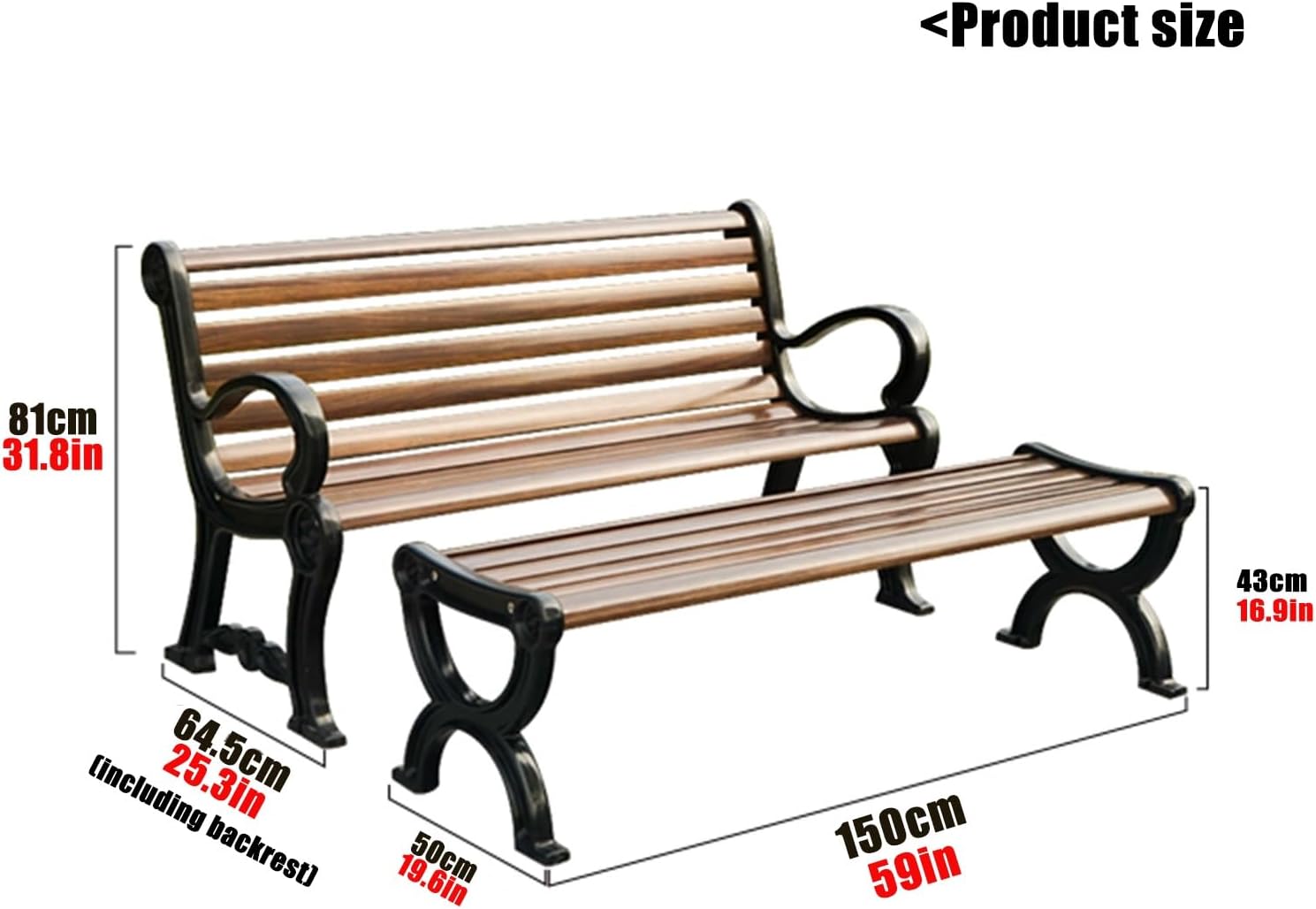 2-3 Seater Garden Bench, Wooden Garden Bench, w/Decorative Backrest & Ergonomic Armrest for Outdoor Garden, Backyard, Lawn, Porch, Path Outdoor Leisure Loveseat(59x16.9x19.6in)