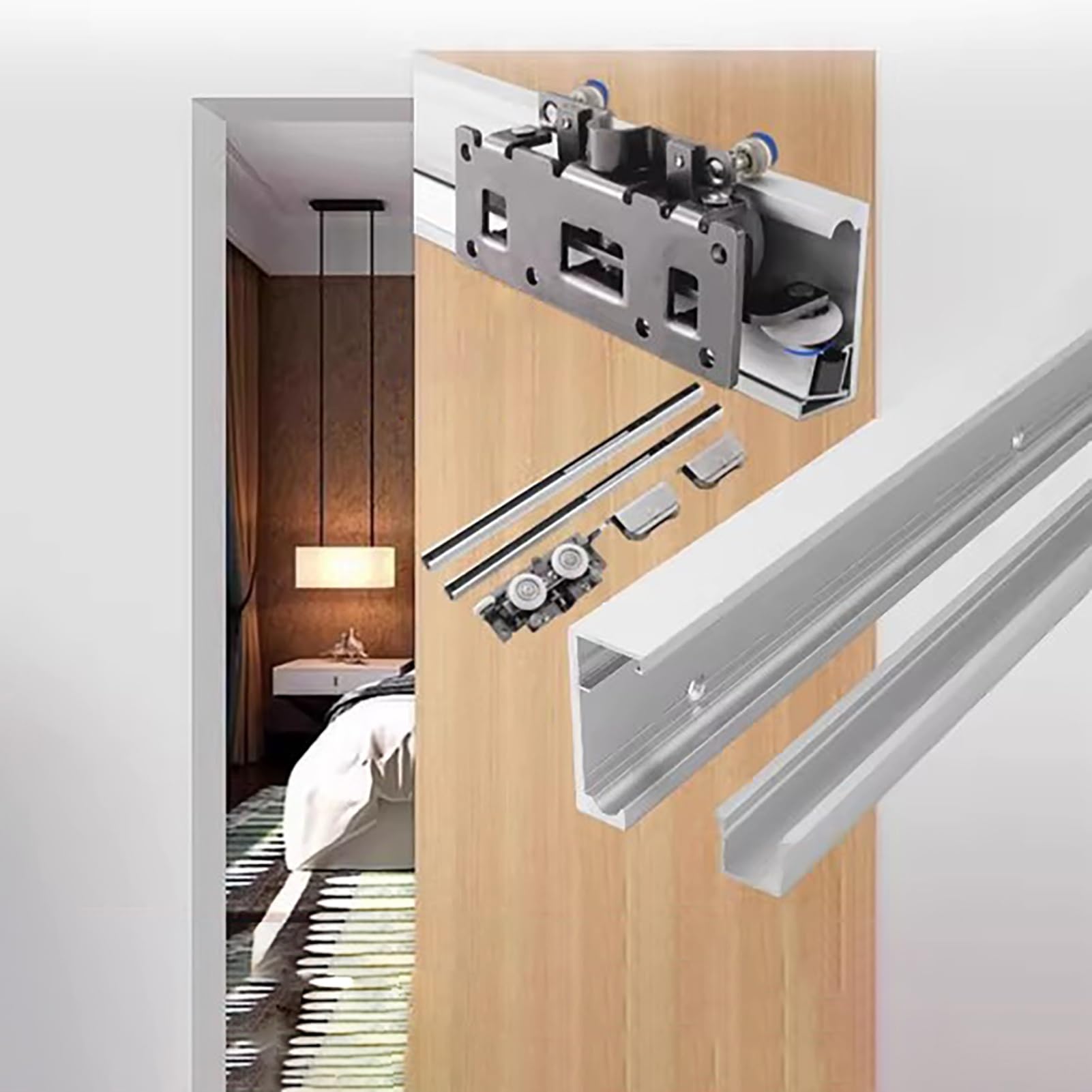 Sistema de riel Oculto para herrajes de Puertas corredizas, Kit de Puerta corrediza Tipo Granero de 5,95 m para Puertas empotradas, guía de riel Oculta sin riel, Puertas Fantas