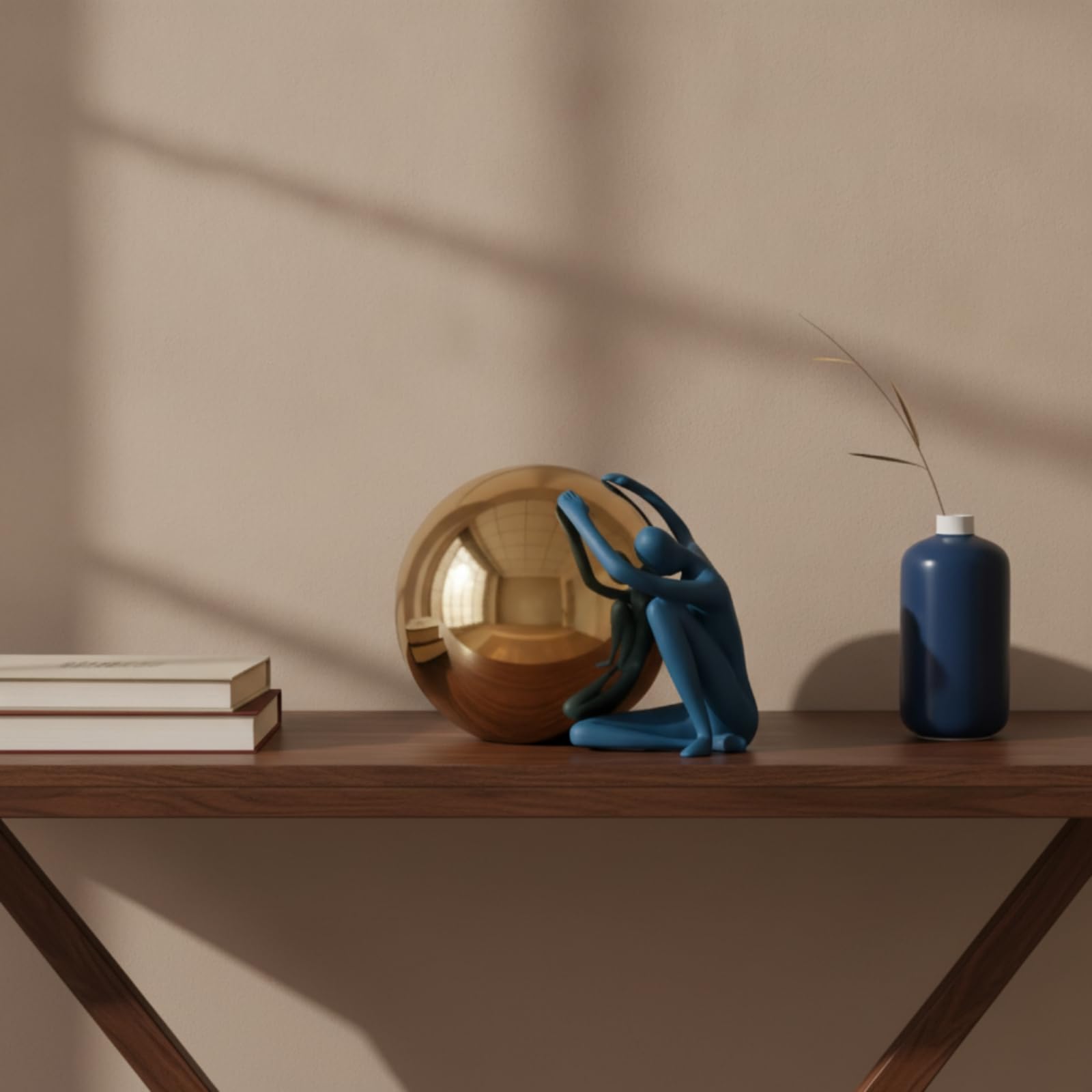 Escultura Decorativa con Figura Humana Junto a Esfera Estatua de Moderna en Acero Inoxidable y Resina Superficie, Azul Marino, 22 18 18cm