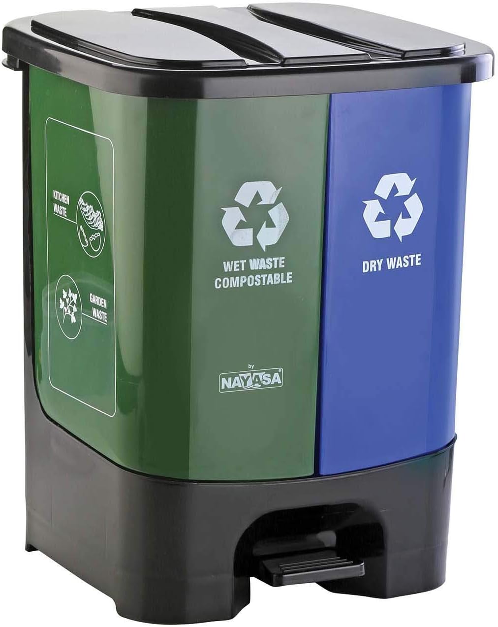 2-in-1 Pedal Dustbin – 19 L (9.5 L Each) | Dual Compartment Wet & Dry Waste Bin with Detachable Inner Bins | Hygienic Plastic Pedal Bin | Green & Blue