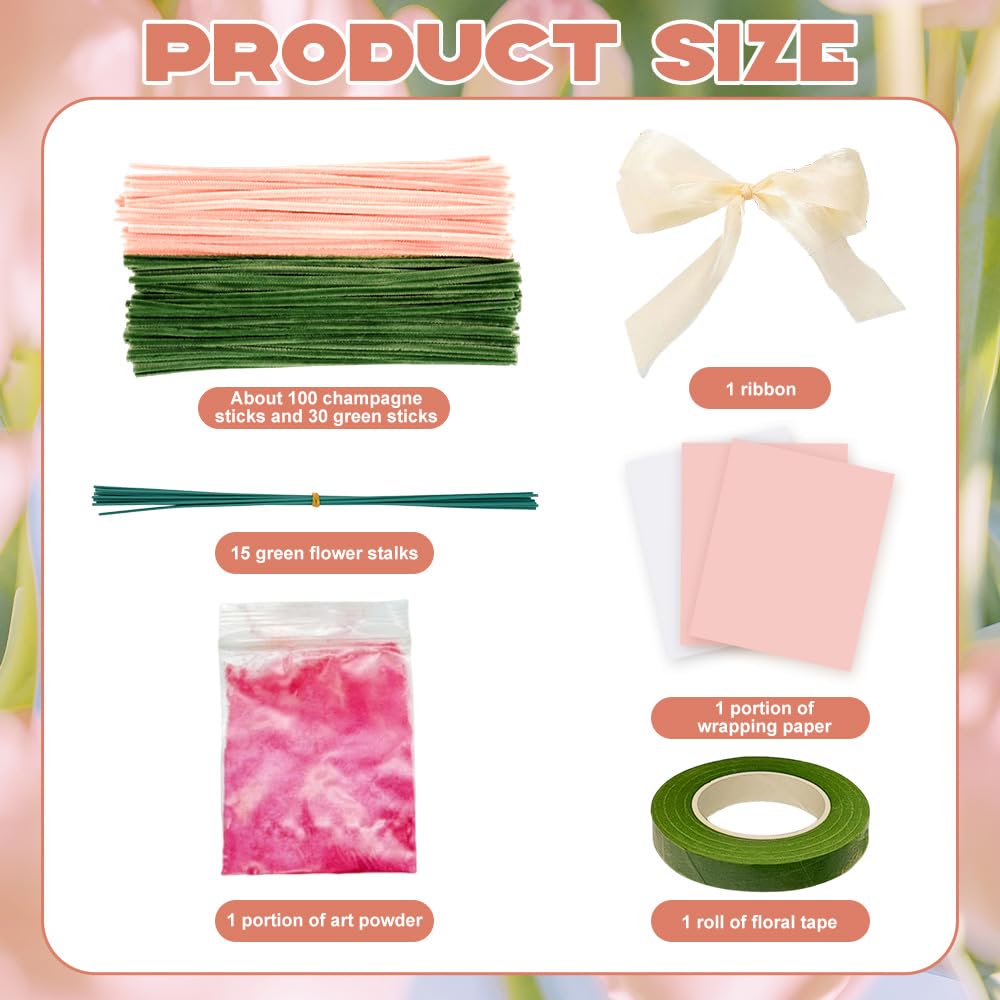 Larfraecy 150Pcs Pipe Cleaners for Craft Flowers-DIY Tulip Bouquet Kit with Floral Wire,Tape,Ribbon,Pastel,Wrapping Paper,Chenille Stem Pipecleaner for Kids&Adult,Making 15 Champagne Pink Flowers Set - Image 2