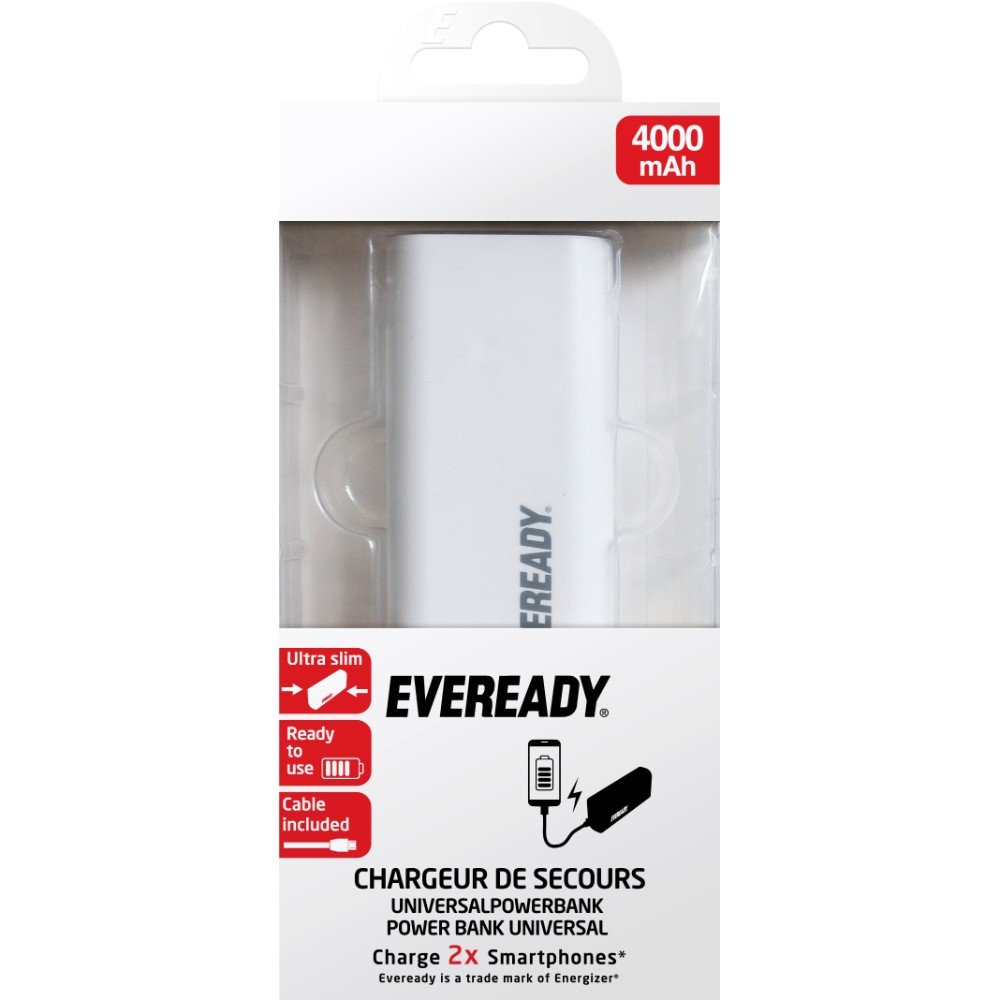 Energizer 4000 mAh Eveready Powerbank with 30 cm Micro USB Cable - White