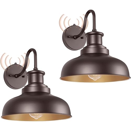 Dusk to Dawn Outdoor Gooseneck Barn Lights Outdoor Wall Sconces Farmhouse Exterior Wall Mount Light Vintage Outside Lighting Fixture Industrial Bronze Lantern for Porch Garage Shed Patio, 2 Pack