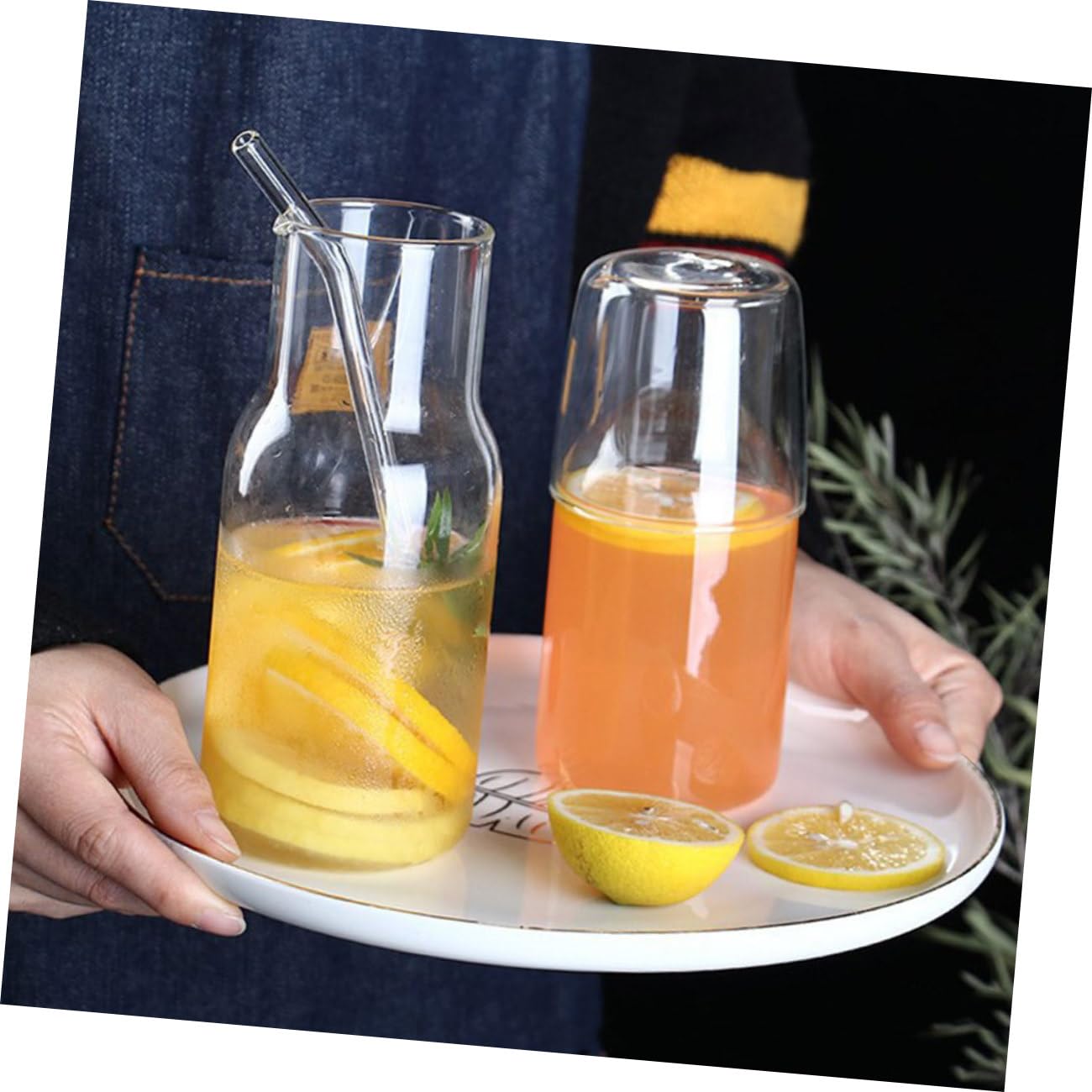 2 Stück Glaskaraffe und Wasserkaraffe aus Lebensmittelechtem Glas Transparenter Wasserkrug mit Großem Fassungsvermögen Elegante Nachttischkaraffe für Schlafzimmer und Wohnzimmer