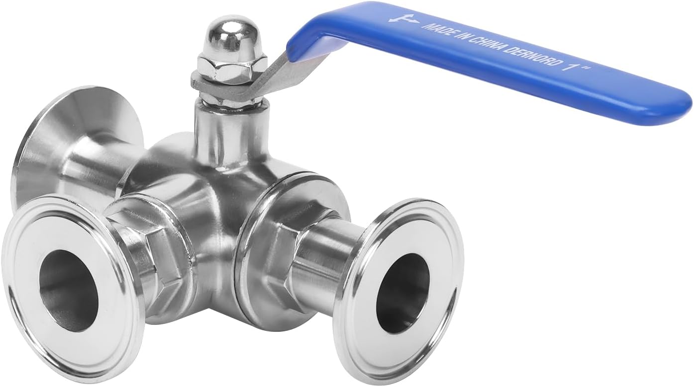 DERNORD 1.5" Tri Clamp Sanitary Ball Valve, 3-Way Ball Valve T-Port Stainless Steel 304, PTFE Lined (1 inch Tube OD)