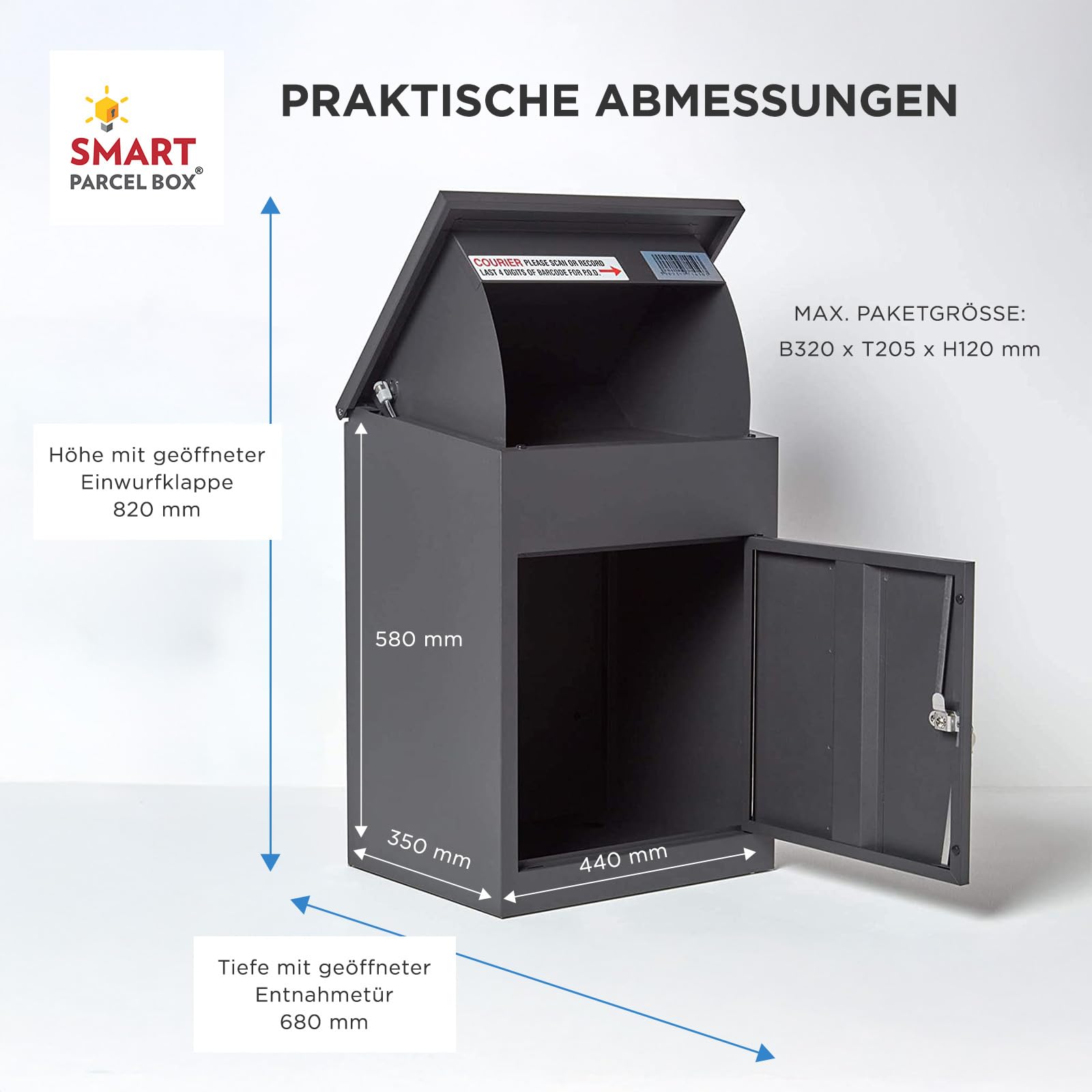 Smart Parcel Box Paketbox M - Paketbriefkasten wetterfest, grau | Postbox für Pakete outdoor, Paketbox draußen, Wandmontage, Front-Entnahme, verzinkter Stahl, rostfrei, pulverbeschichtet