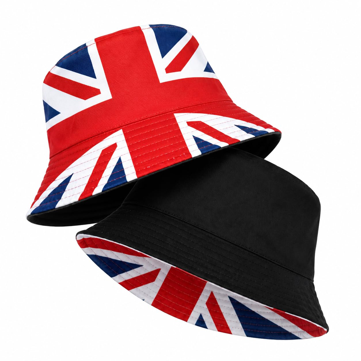 AURALIN Union Jack Bucket Hat Reversible UK Flag Sun Hat, Polyester British Fisherman Cap with Black Reverse, 56-58cm, Adult Fan Headwear for Football, Festivals and Travel