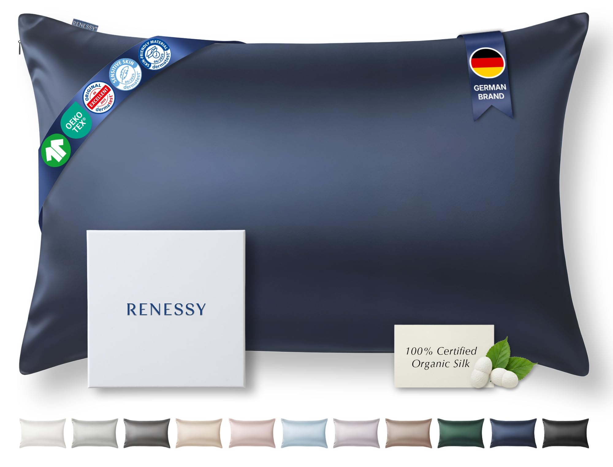 RENESSY Premium Silk Pillowcase 100% Organic Mulberry Silk, 22 Momme, Grade 6A - Oeko-Tex Certified in Germany - Luxury for Hair & Skin, 1 Piece (Super King 50x90 cm, Navy Blue)