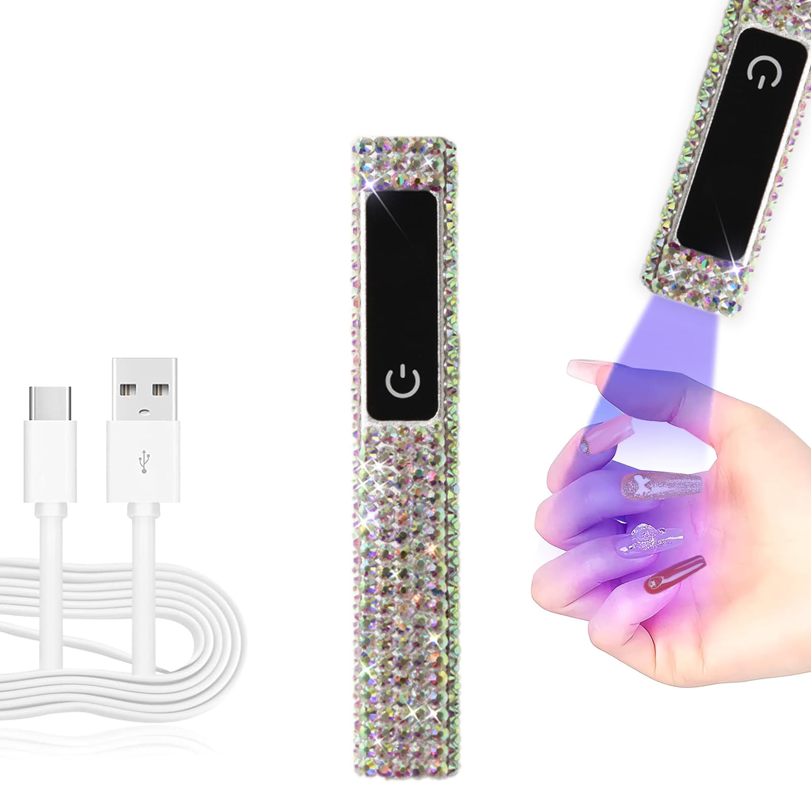 Crystal Rhinestone UV Nail Lamp, Artificial Bling Handheld UV Light for Nails, Portable Mini Nail Light with 2 Timer and LED Display, Rechargeable USB Nail Dryer for Fast Curing Gel Polish