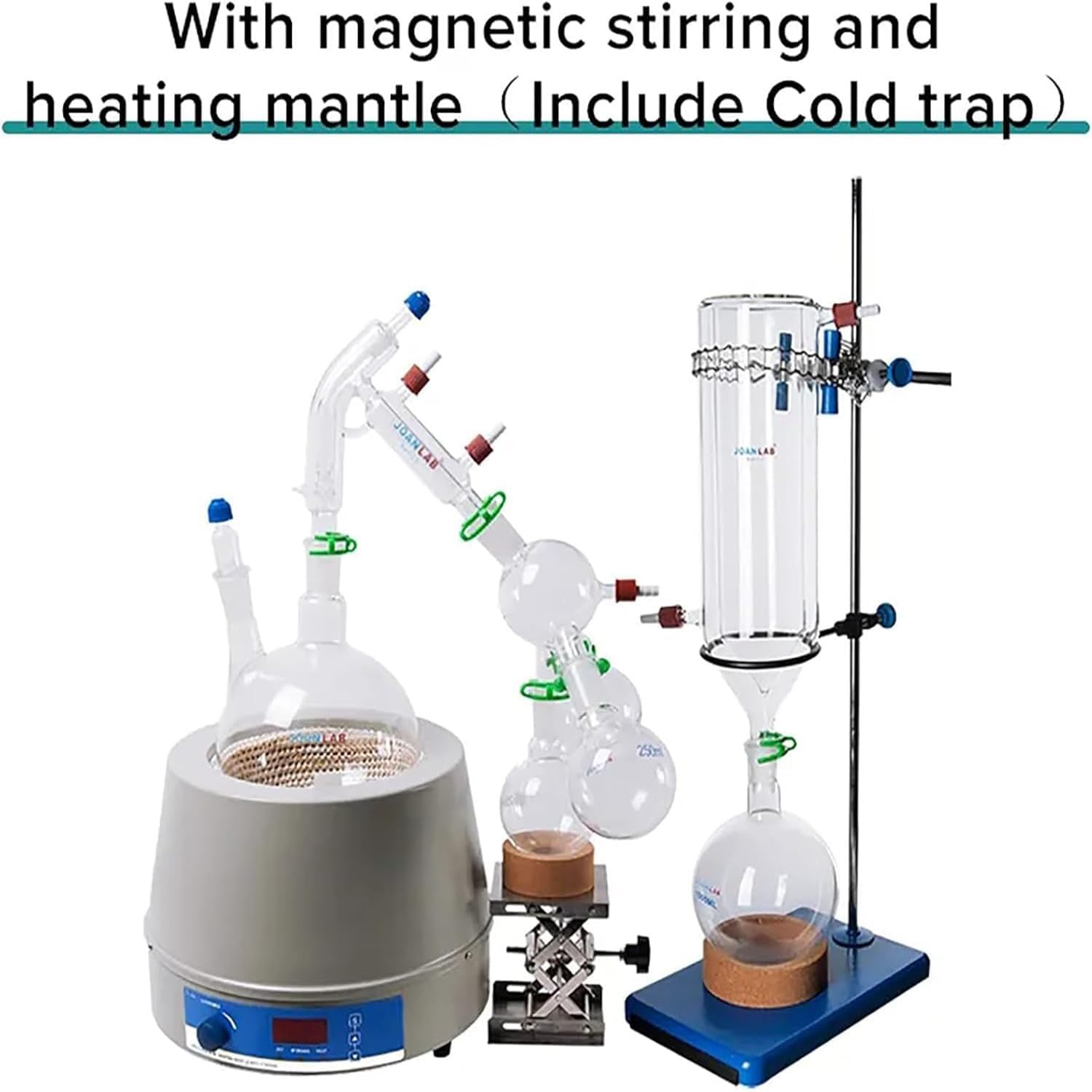 Equipo de destilación de Recorrido Corto de 2 l, Aparato de destilación de Laboratorio de 650 W, 50-1800 r/min, con Manto Calefactor de agitación y Trampa de frío, Rango de Temperatura 380 ℃