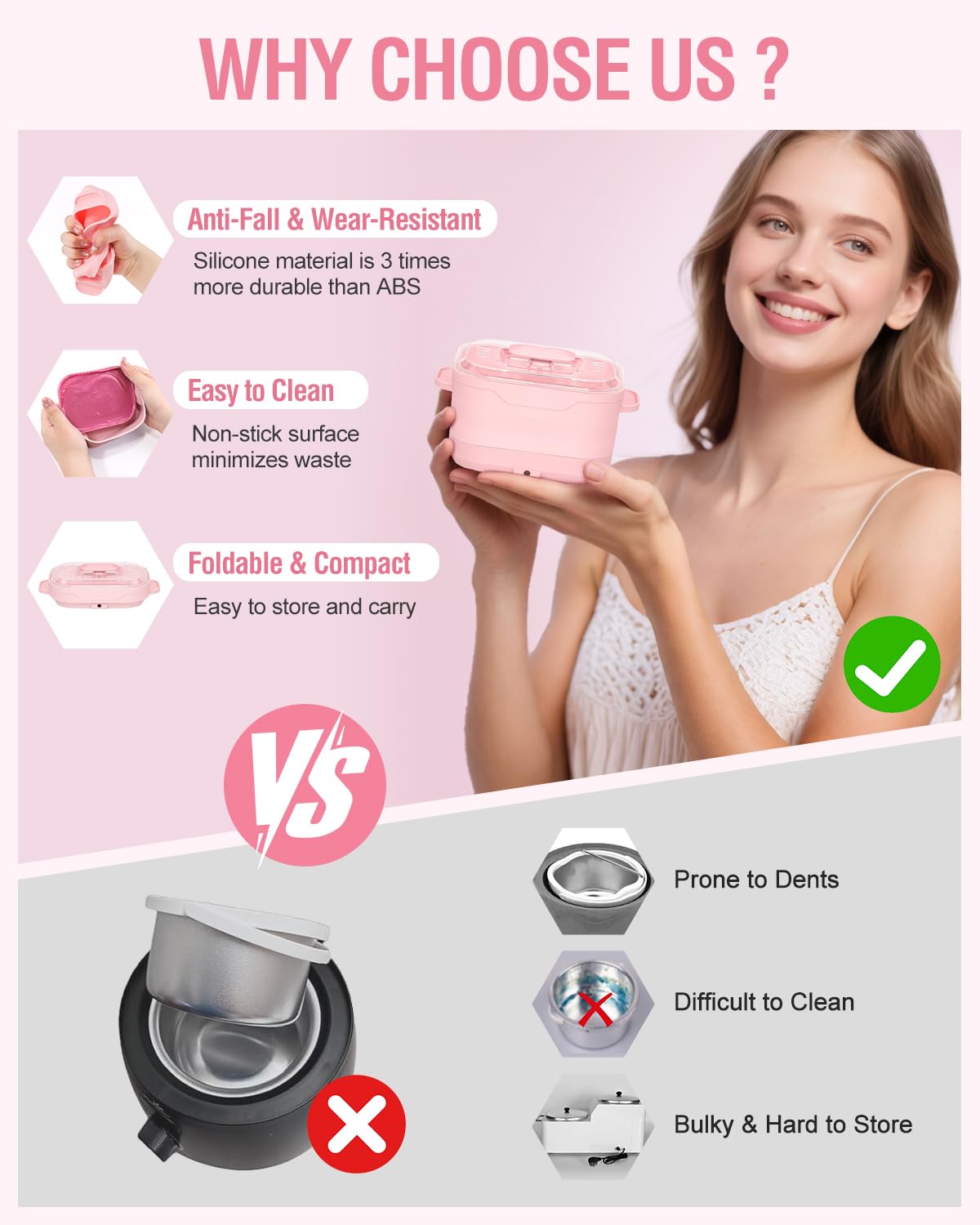 Silicone Wax Warmer for Hair Removal, Foldable Waxing Heater Machine for Melting Hard Soft Wax Beads, 18.6oz Electric Waxing Kit Silicone Wax Pot - Beginner Friendly, Fast Heating, Easy to Clean