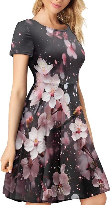 ENLACHIC Women's Cherry Blossom Dress Pink Floral Printed Short