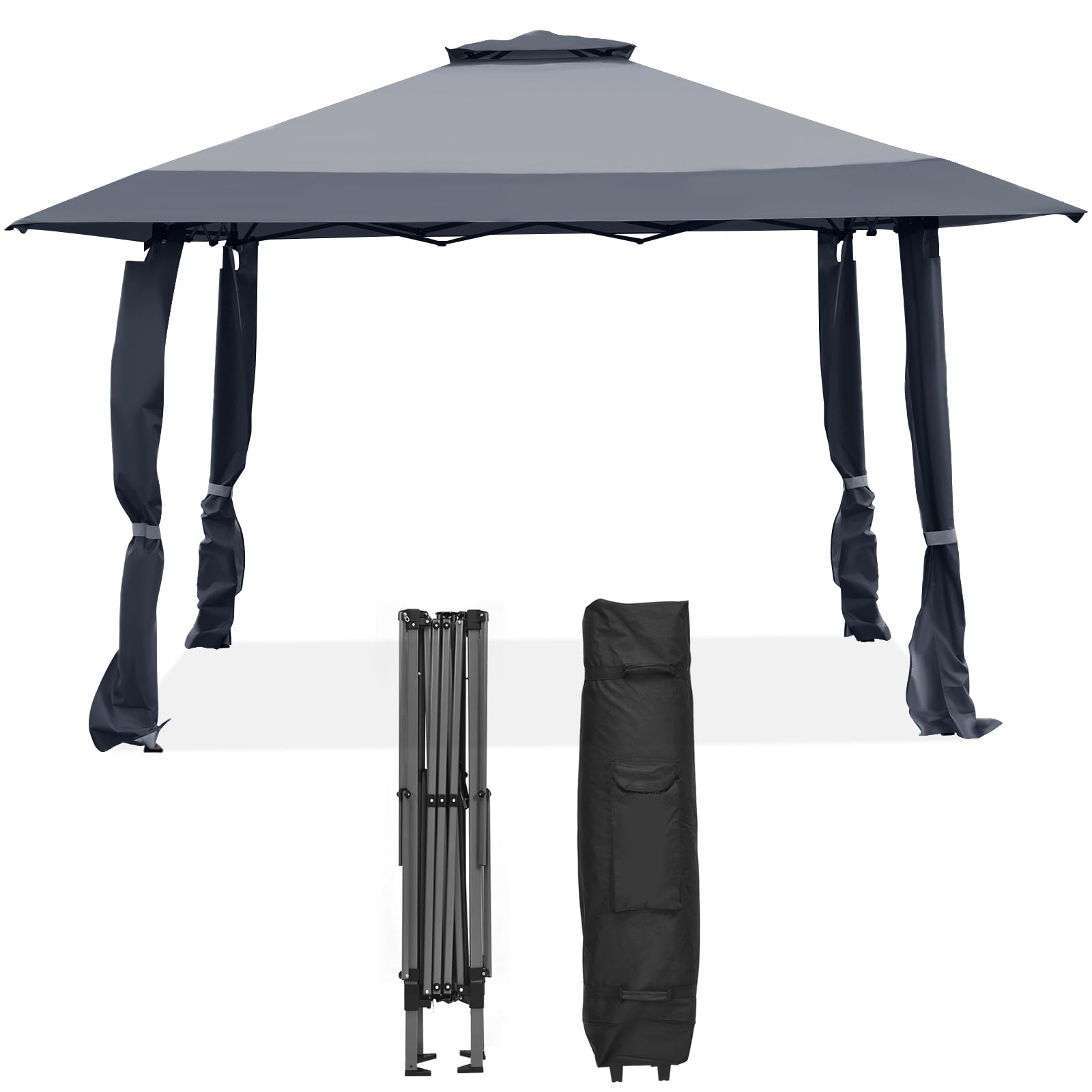 HOMASIS 4 x 4 m Tonnelle Pliable avec Double Toit, Tente Pop-up Imperméable Réglable en Hauteur avec Sac de Transport, Tonnelle de Jardin Extérieur avec Protection UV pour Jardin, Terrasse (Gris)