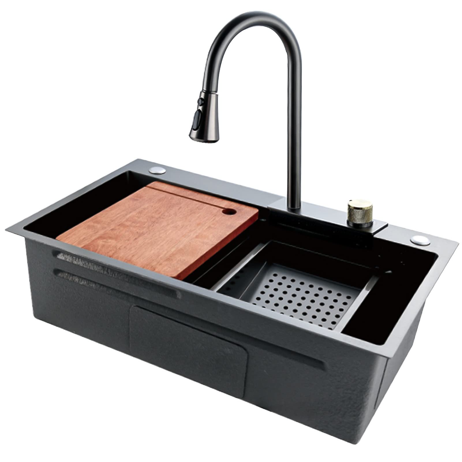 Lavello Da Cucina, Nuovo Lavello A Cascata In Acciaio Inossidabile, Lavello Da Cucina, Lavello Da Postazione Di Lavoro A Vasca Singola, Con Lavatrice/Nero-Grigio/68 * 45 -Black-grey-75*45*22Cm