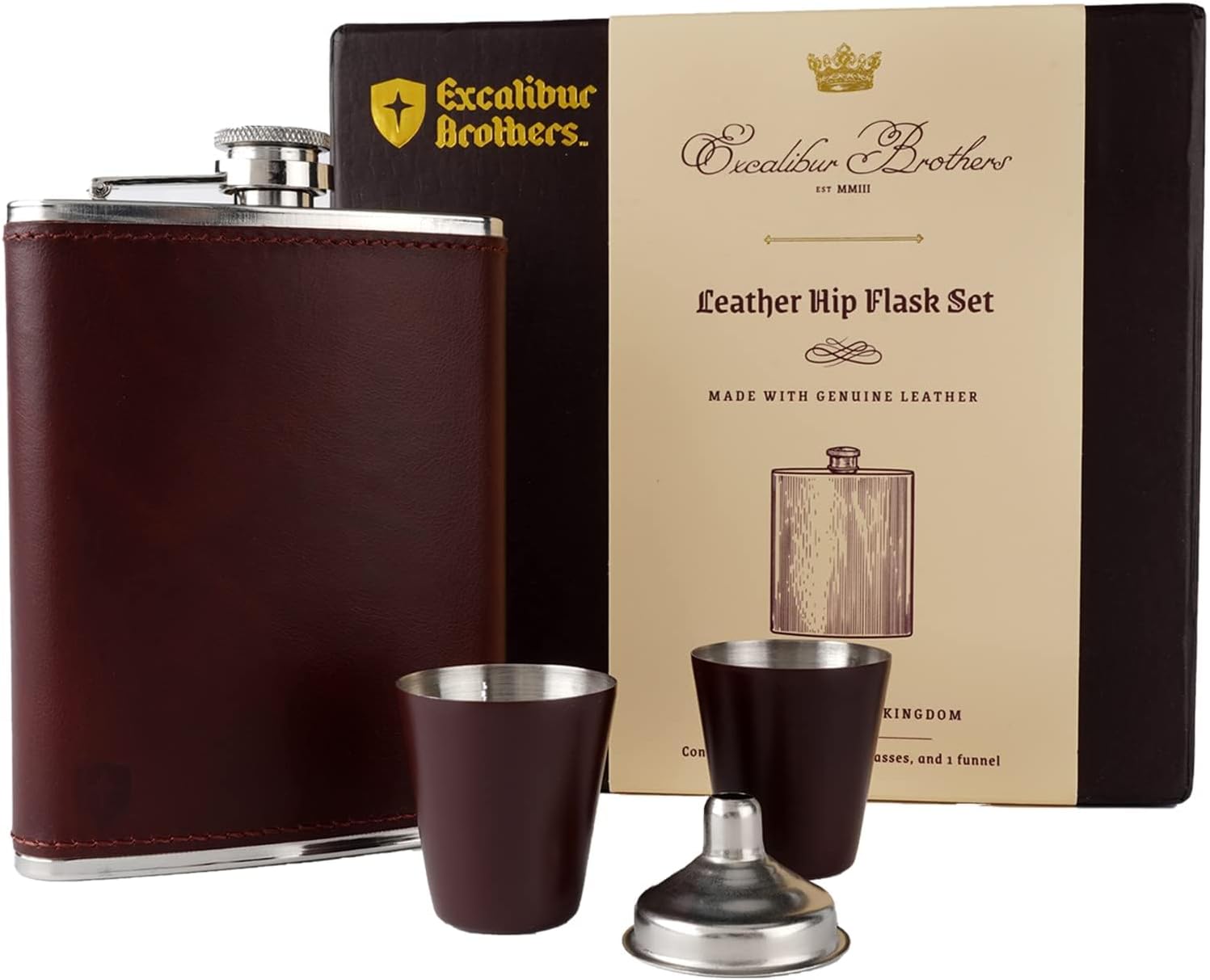 - Men's Leather Flask (Brown) with 2 Cups and Funnel - 100% Leak Proof with Stainless Steel and Premium Leather, Gift Set for Father, Grandfather, Boyfriend, and Groomsmen