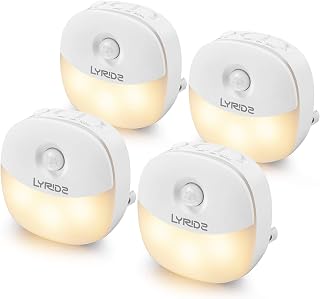 LYRIDZ Plug-in Motion Sensor Night Light, Warm White LED Nightlight, Bedroom, Bathroom, Kitchen, Hallway, Stairs, Energy Efficient, Compact, 4-Pack