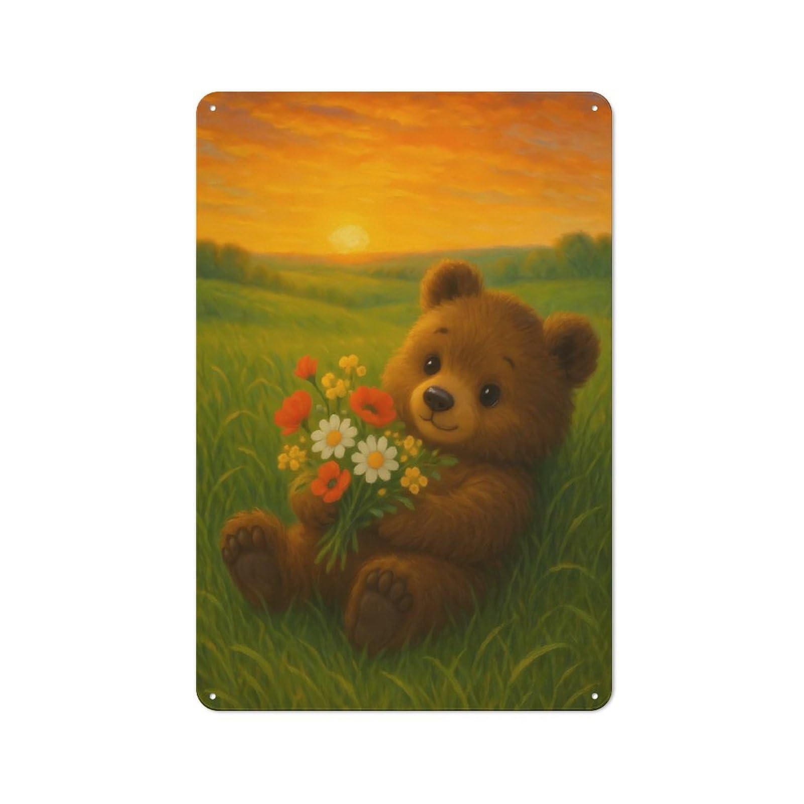 Junmoney Teddy Bear With Flowers At Sunset Printed Tin Plaque, Small Wall Accent For Coffee Corner, Diner Or Kitchen Decor, 30X20cm