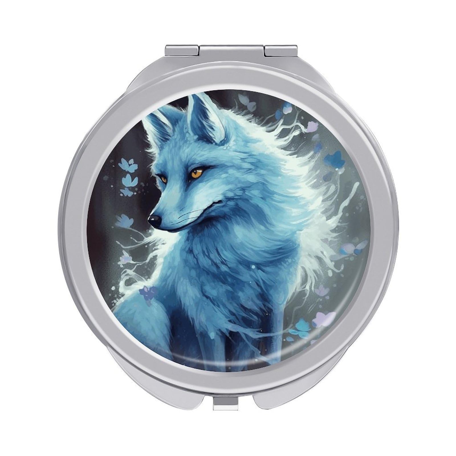JTREHY Blue Fox Makeup Mirror Silver Mirror Surface Folding Makeups Mirrors Lightweight Durable Looking Glass for Suitable Traveling Handbag and Purses