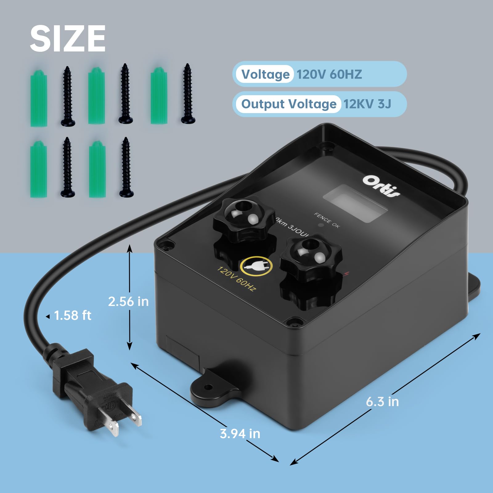Ortis - Energizador eléctrico para valla con pantalla LCD, 12,000 V, 3 julios de carga eléctrica, rango de 6.2 millas, control seguro y eficaz de animales para protección de ganado, jardín y pastos