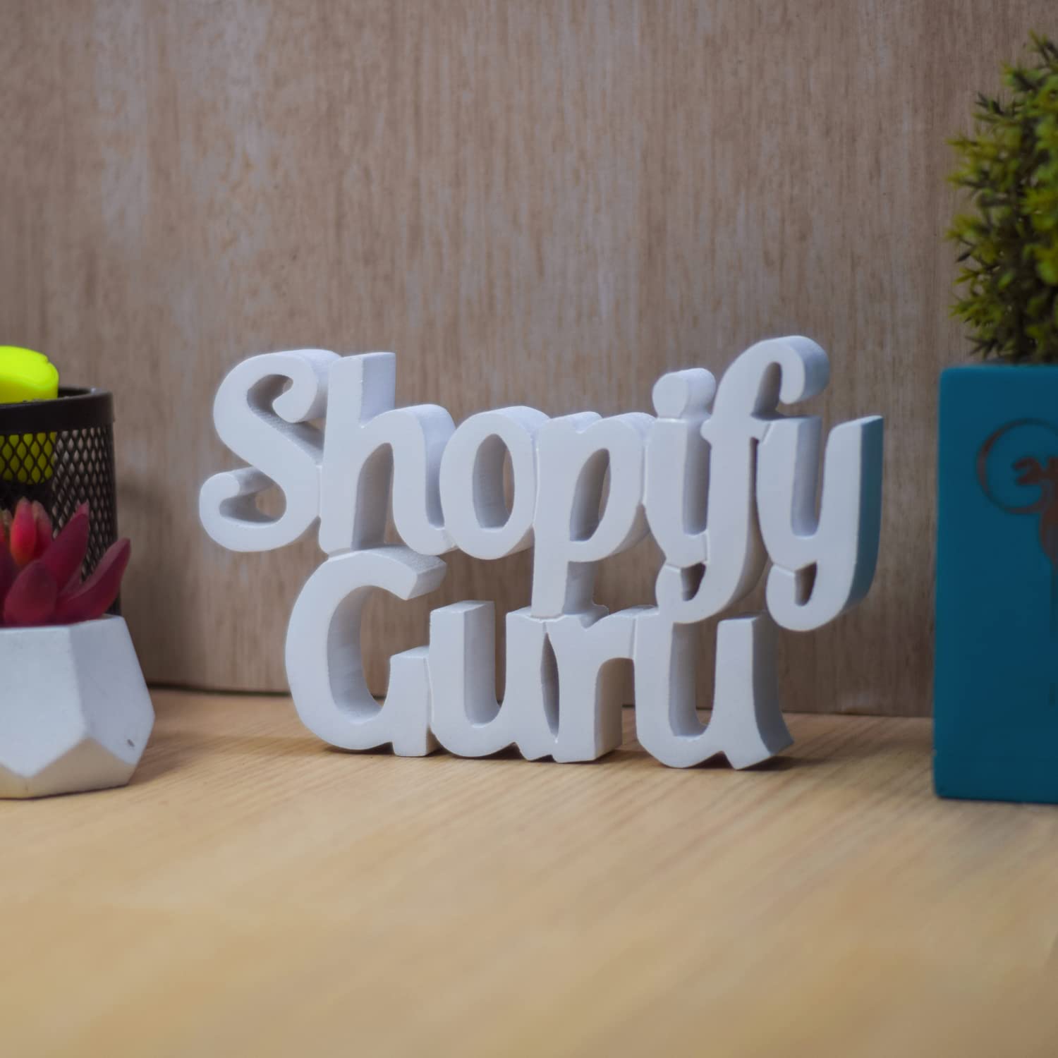 NUKKAD TALES Engineered Wood Shopify Guru White Office Decor Alphabet Showpiece Office Décoration Items For Office Table Corporate Gifts For Employees (7 X 4.20 Inch)