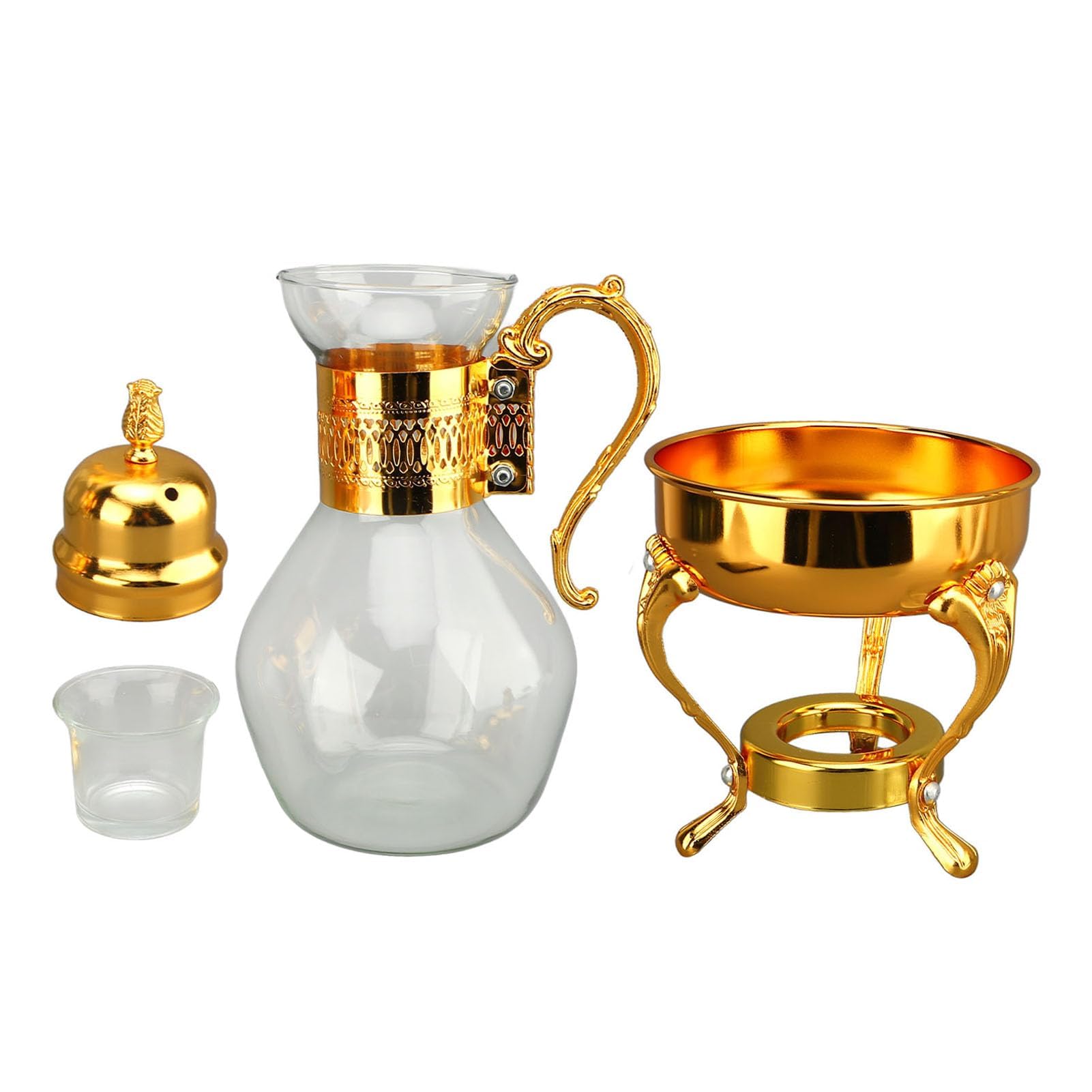 Glas-Set, Glas-Kaffeekanne, Glas- mit Stövchen, türkische, Vintage-Stil, Teekessel, klare Glas- mit Deckel und Tasse (Gold)