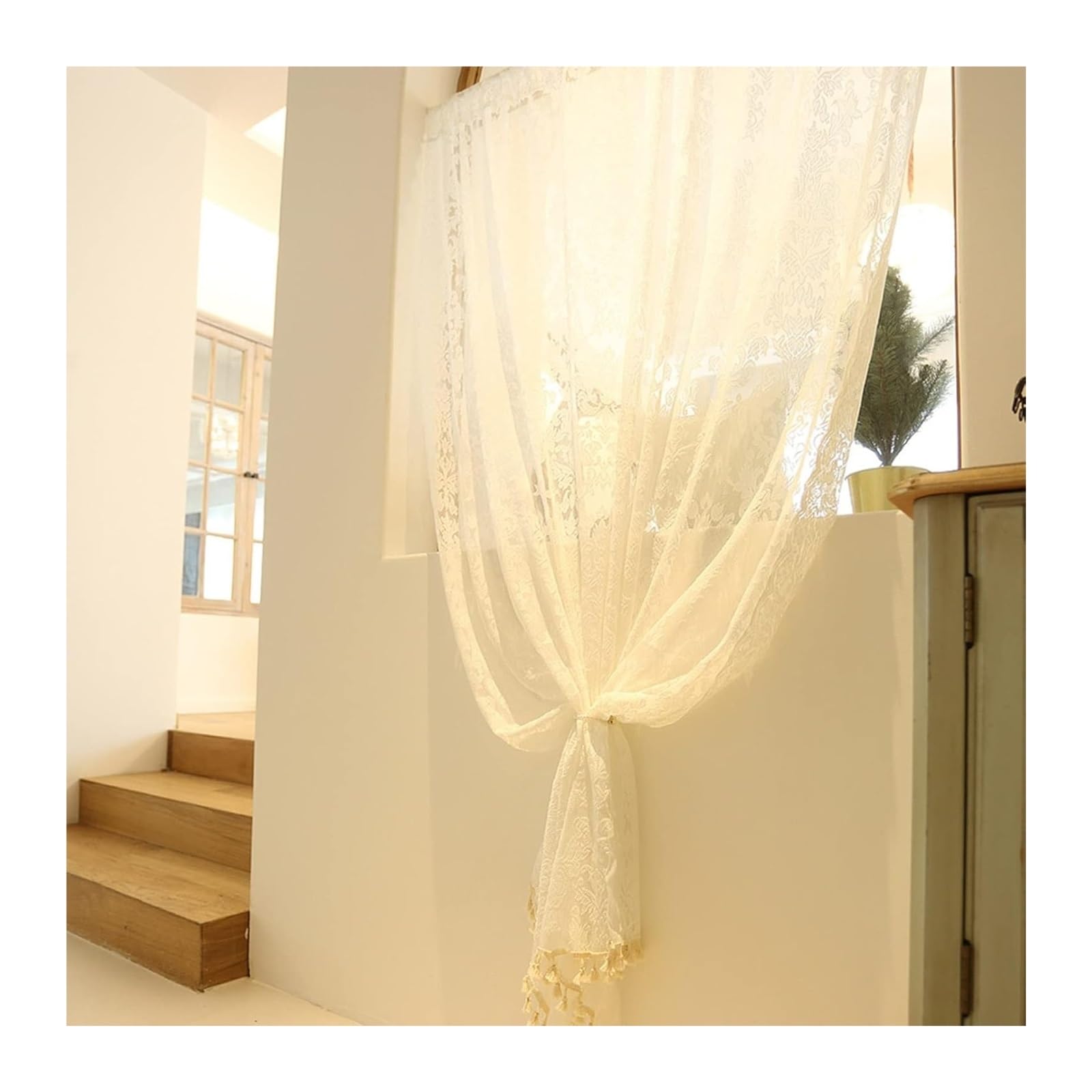 NDLHXKFRP Voile curtains, White Lace Curtain, Tassels, Pearl Tie, Rod Pocket, 57x(12-98) in, Living/Bed/Kitchen(WxH 145x80cm/57x31.5in)