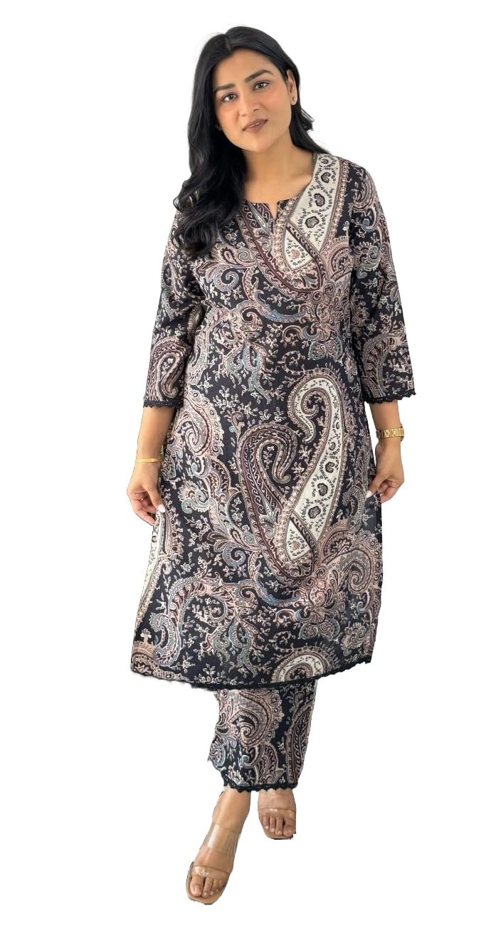 Nermosa Kalamkaari Printed Straight Kurta Set For Women | Office Wear (In, Alpha, L, Black)