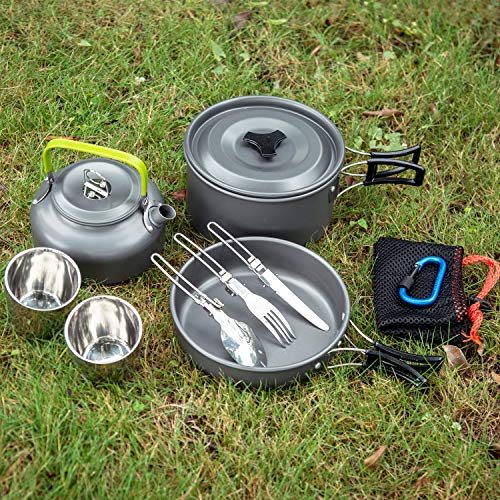 Odoland Camping Cooker Pan Set Aluminum Camping Cookware Kit for 2 People, Portable Outdoor Pot Pan Stove Kettle 2 Cups and Tableware - Backpacking Cookware for Picnic Trekking and Hiking - Image 6