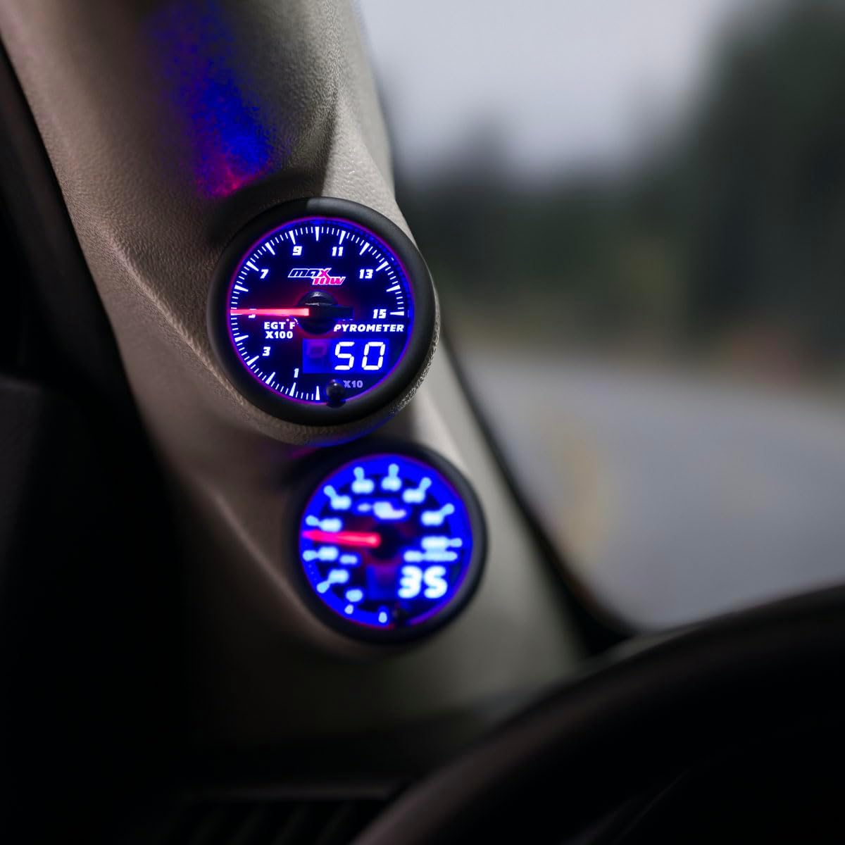 MaxTow Double Vision 1500 F Pyrometer Exhaust Gas Temperature EGT Gauge Kit - Includes Type K Probe - Black Gauge Face - Blue LED Dial - Analog & Digital Readouts - for Diesel Trucks - 2-1/16" 52mm