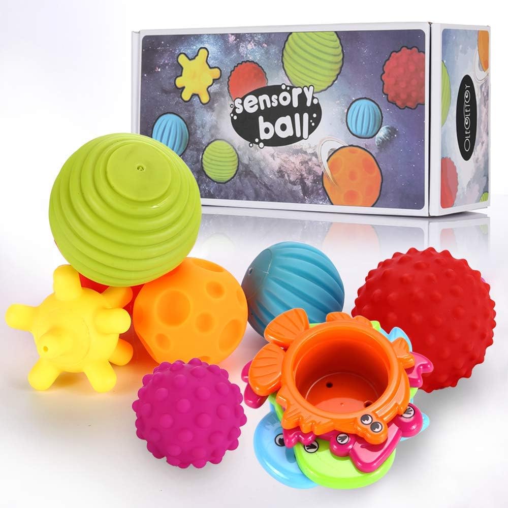 OleOletOy Sensory Balls for Baby- Great Variety In Texture and Color - Kids Rainbow Bath Toys- 6 Colorful Soft and Squeeze Sensory Toy + 4 Stacking Cups Set for Babies & Toddlers