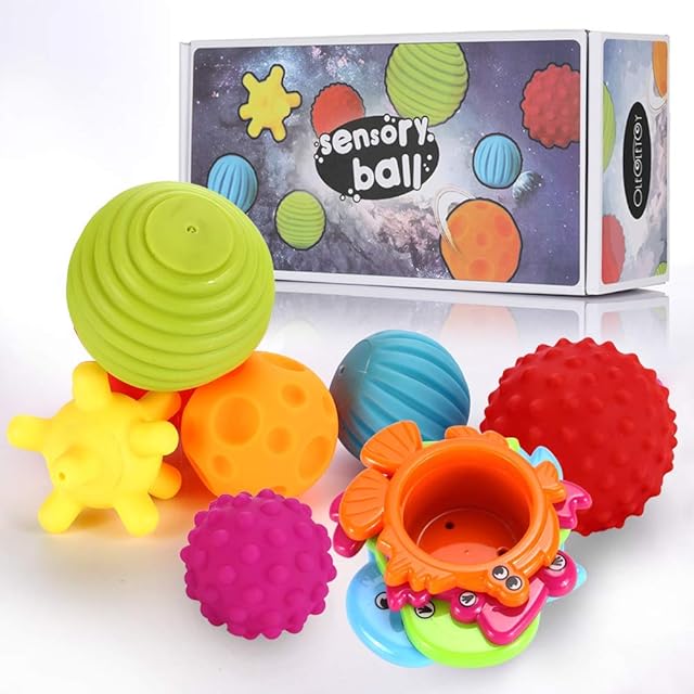 OleOletOy Sensory Balls for Baby- Great Variety In Texture and Color - Kids Rainbow Bath Toys- 6 Colorful Soft and Squeeze Sensory Toy + 4 Stacking Cups Set for Babies & Toddlers