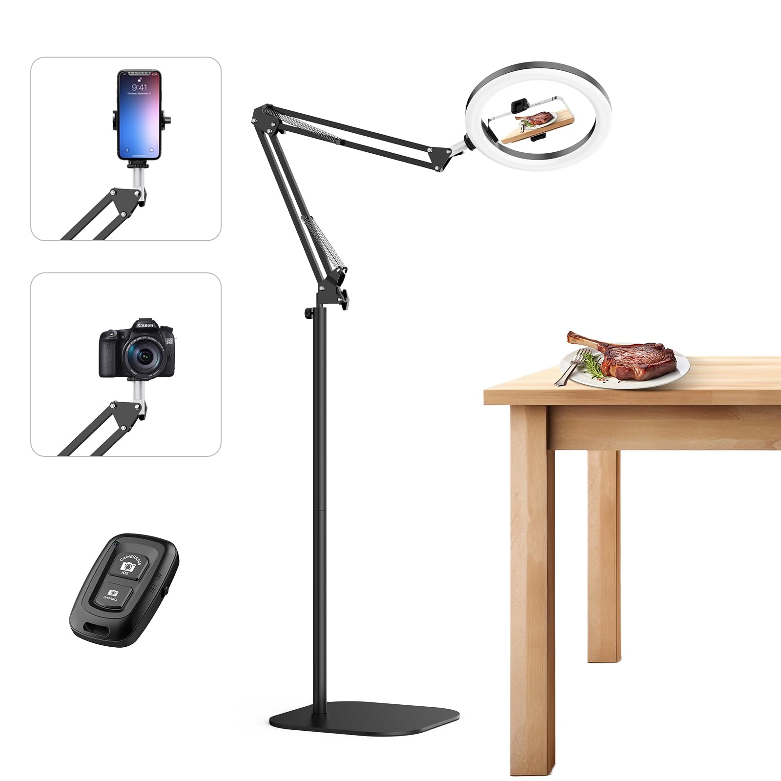 Photo 1 of 10" Ring Light with Stand Tripod for iPhone, Overhead Phone Camera Mount, Adjustable 70" Height Tripod Holder Floor, Phone Stand for Video Recording Filming Streaming Cooking TikTok YouTube, CRI >95