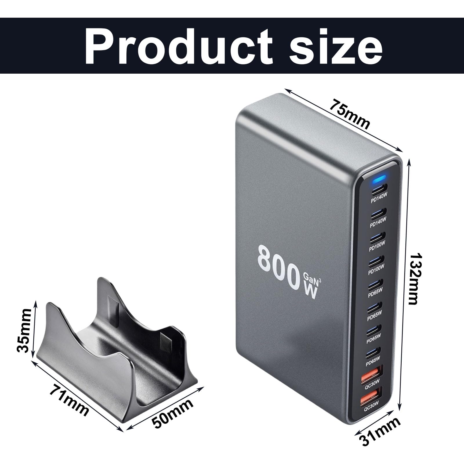 800W Caricatore USB Multiplo, 10 Porte (8 USB-C + 2 USB-A) con Ricarica Rapida, Caricatore PD PPS 100W Alimentazione per MacBook, iPad Pro/Air etc